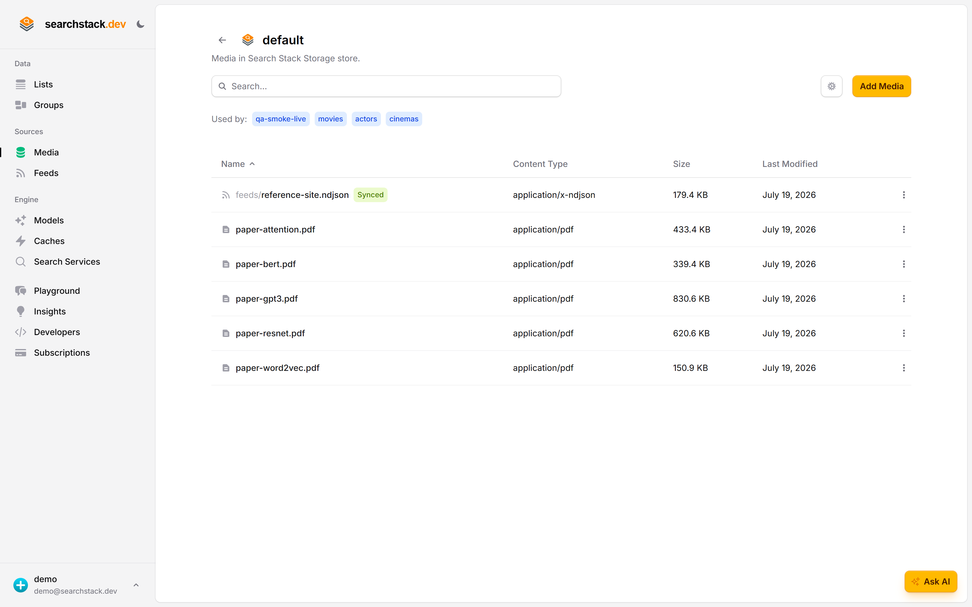 The default media store listing the uploaded PDFs, each with its content type and size
