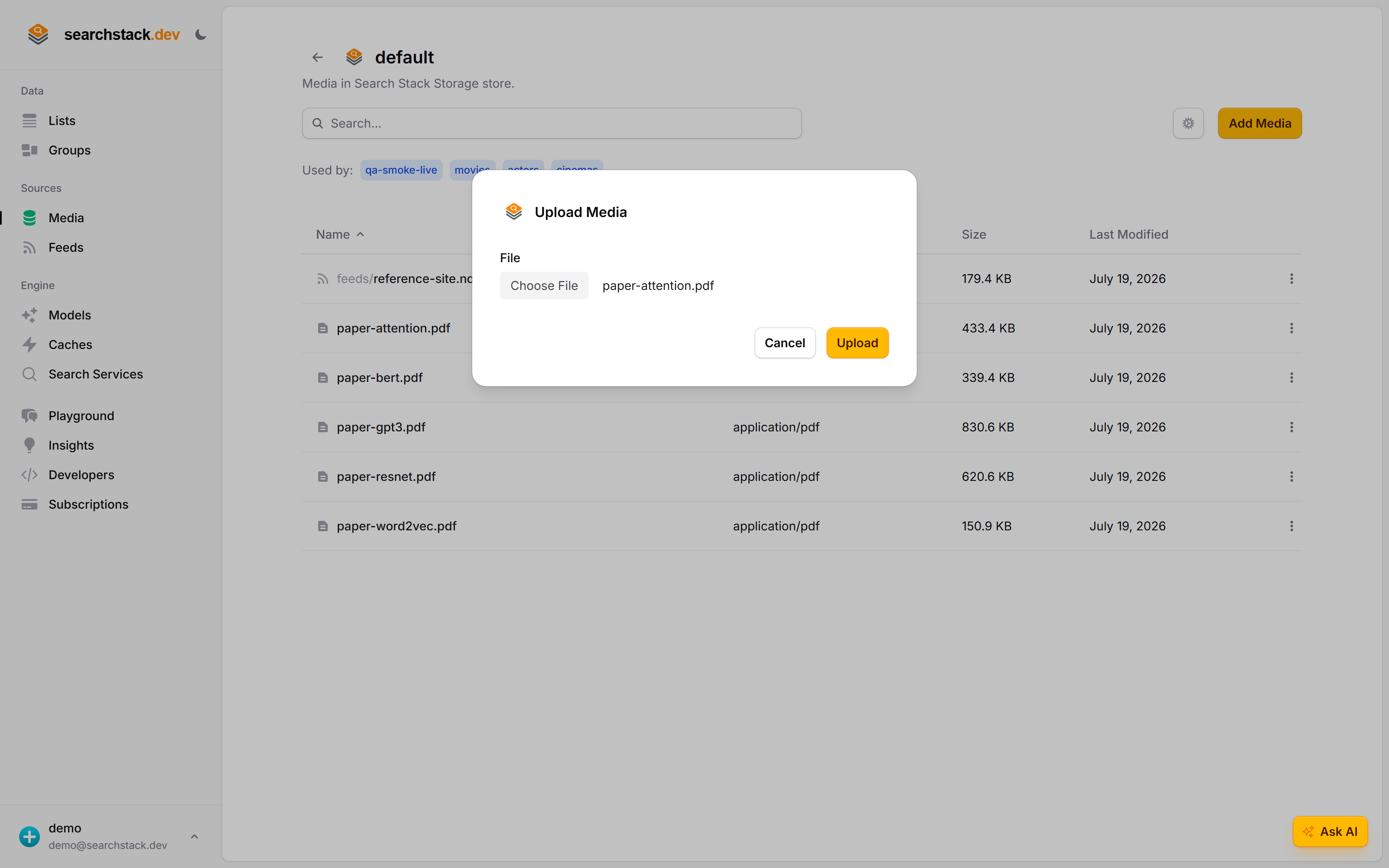 The Upload Media dialog on the default media store with a PDF chosen