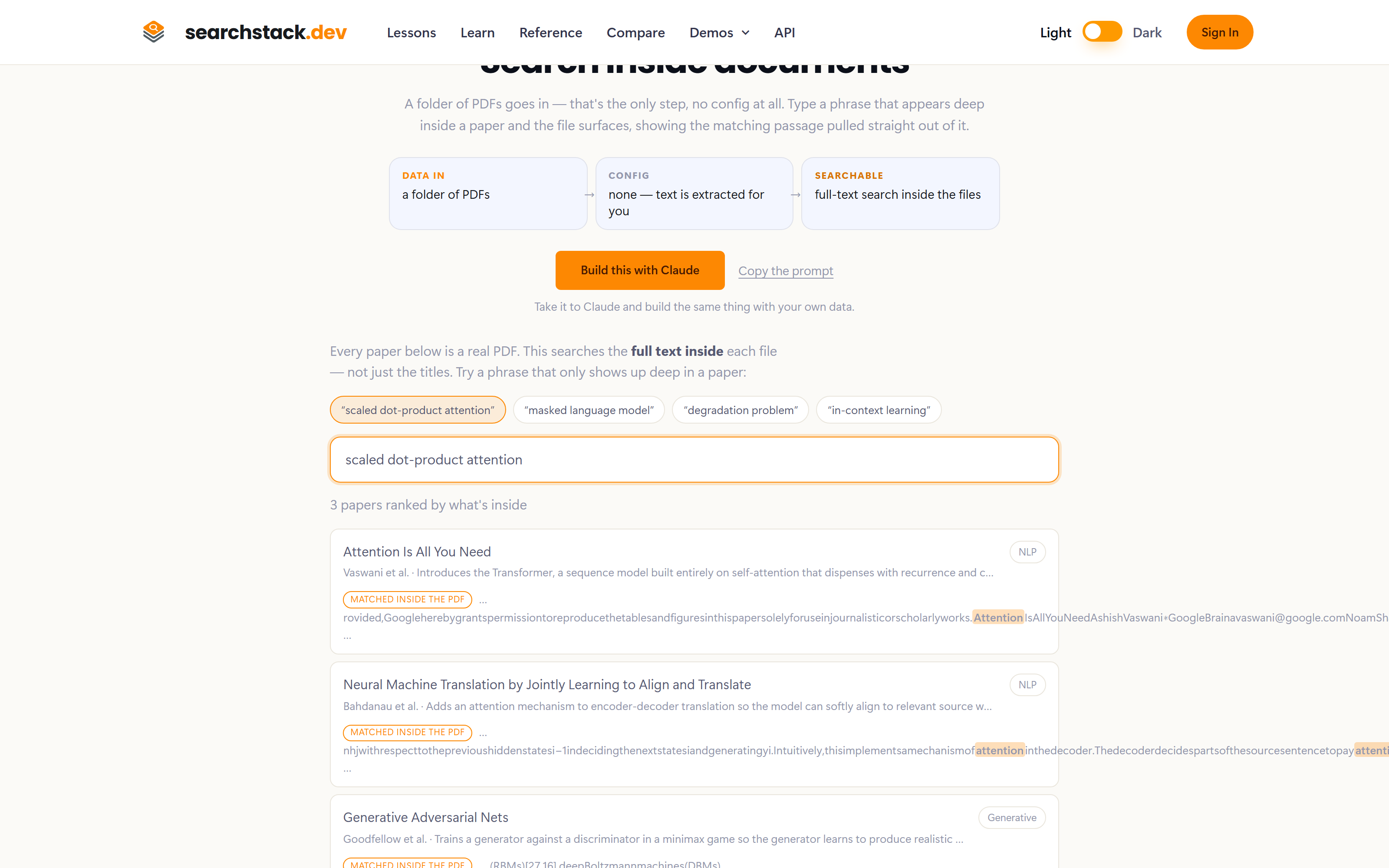 The document search demo: searching 'scaled dot-product attention' surfaces the Attention Is All You Need paper, showing the matching passage from inside the PDF