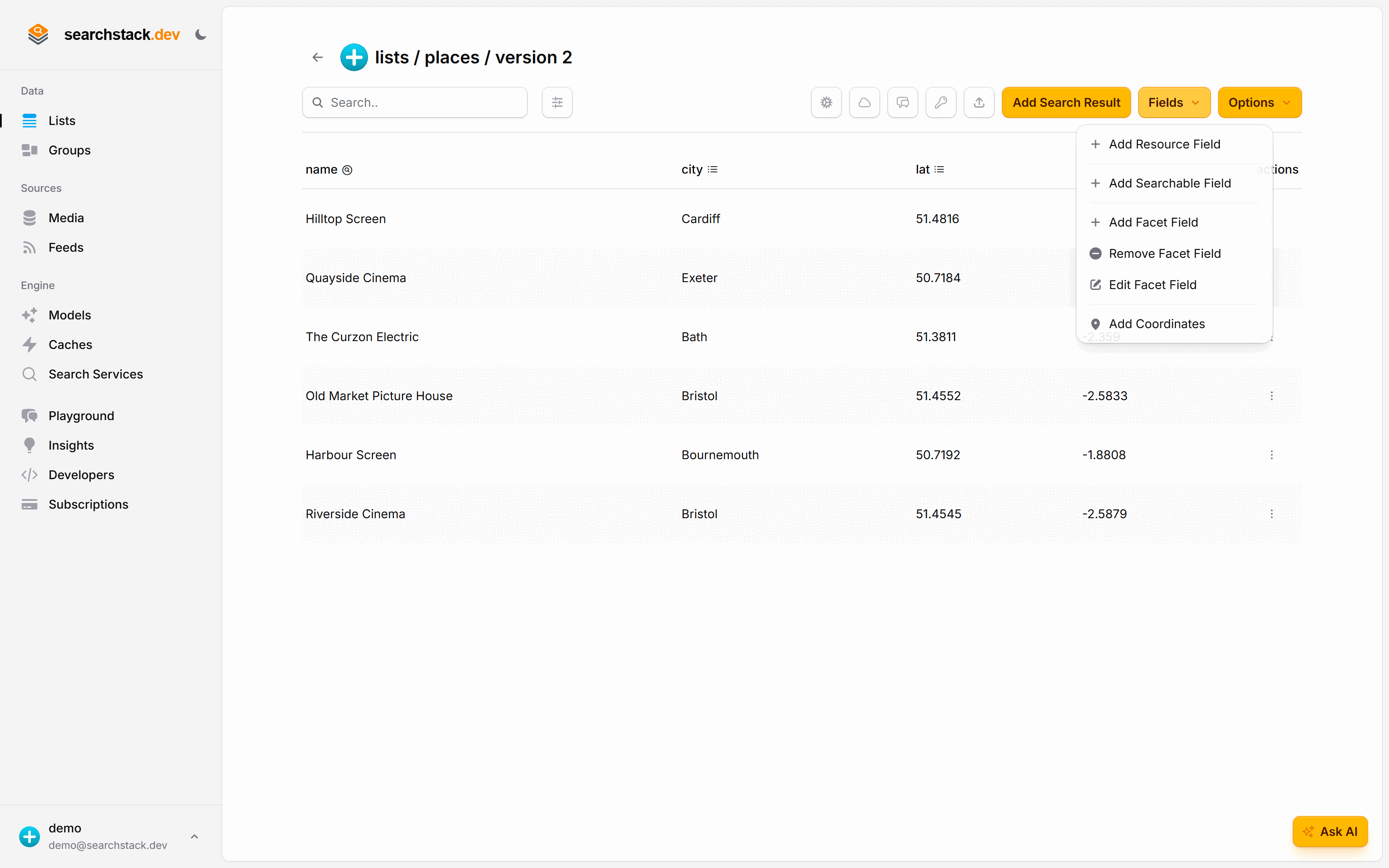 The list's Fields menu with the Add Coordinates option