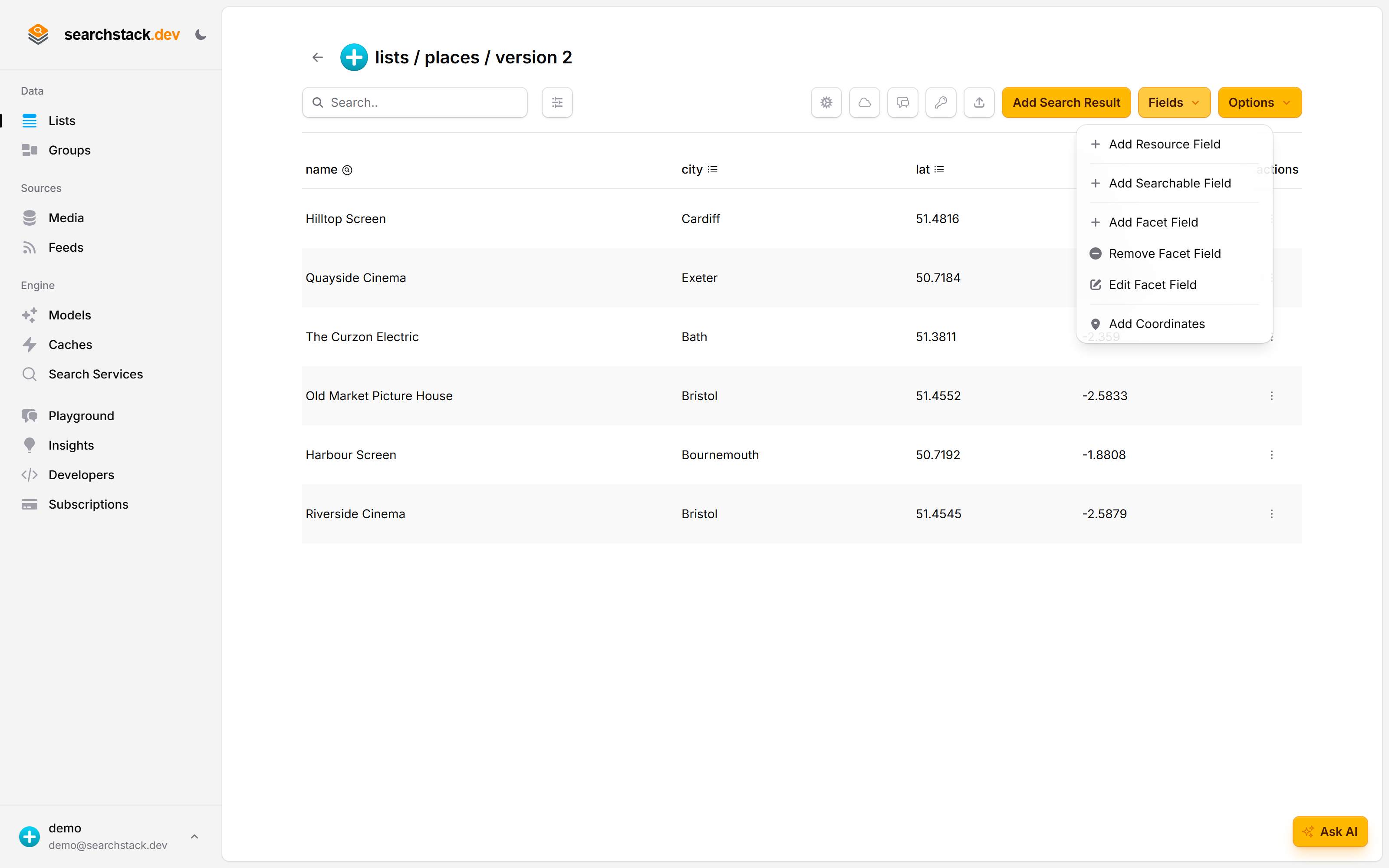 The list's Fields menu with the Add Coordinates option