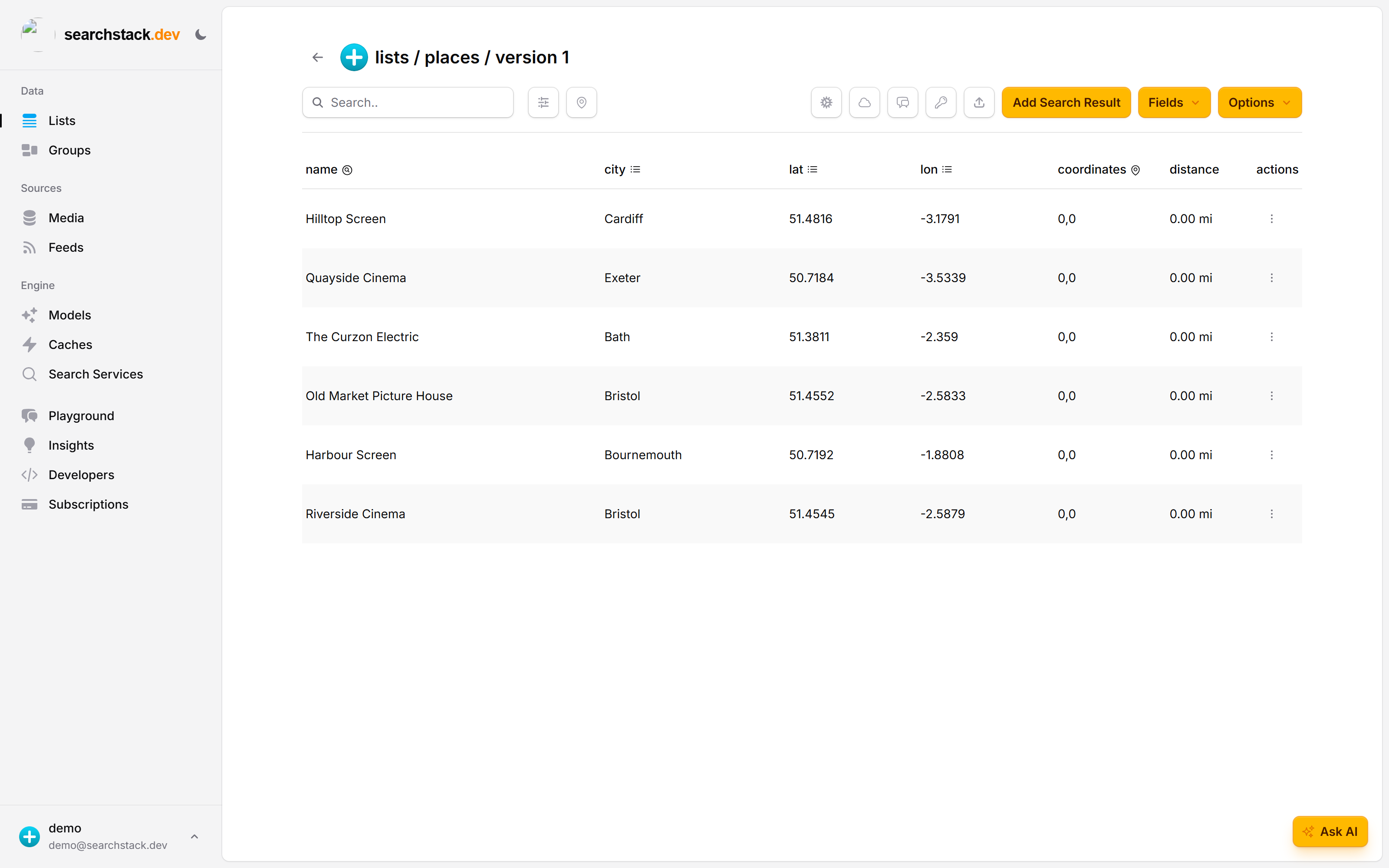 The places list after importing: name, city, lat and lon fields, plus the coordinates and distance columns Search Stack added automatically