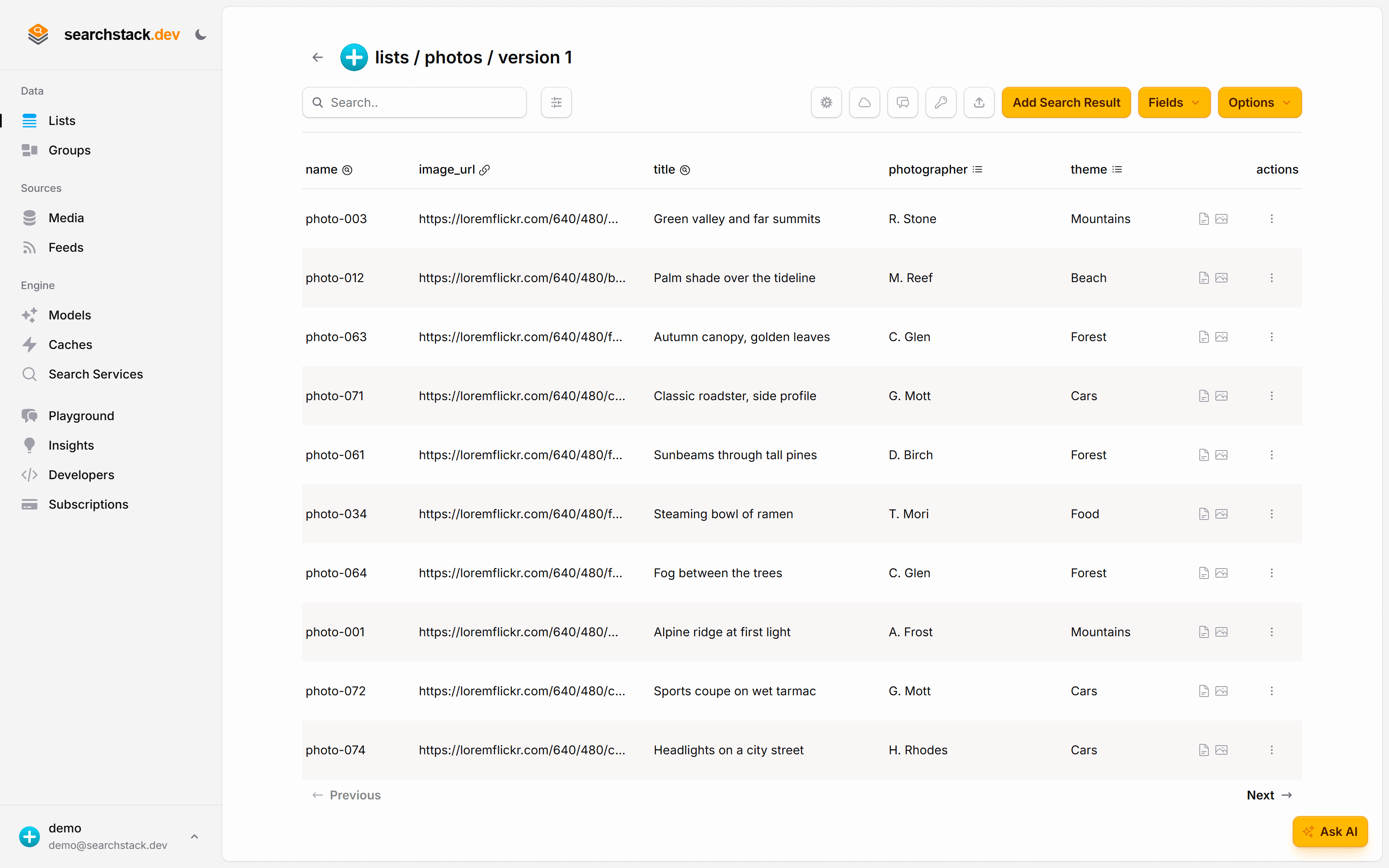 The photos list in the console: each record has an image_url, a title, a photographer and a theme — no tags or captions
