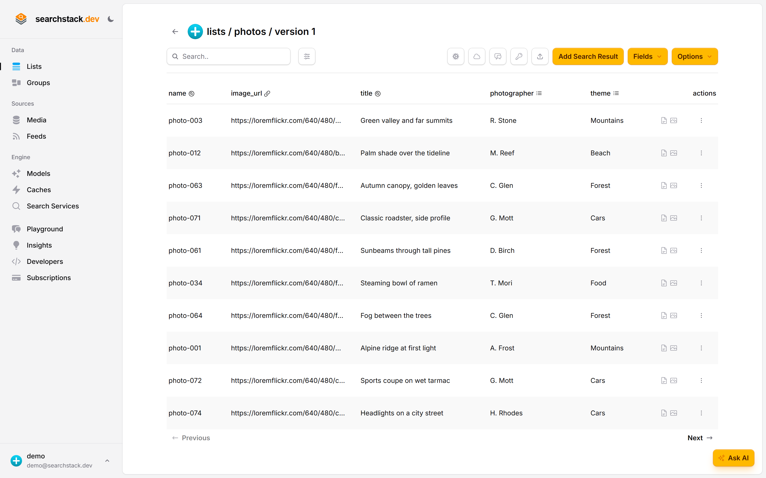 The photos list in the console: each record has an image_url, a title, a photographer and a theme — no tags or captions