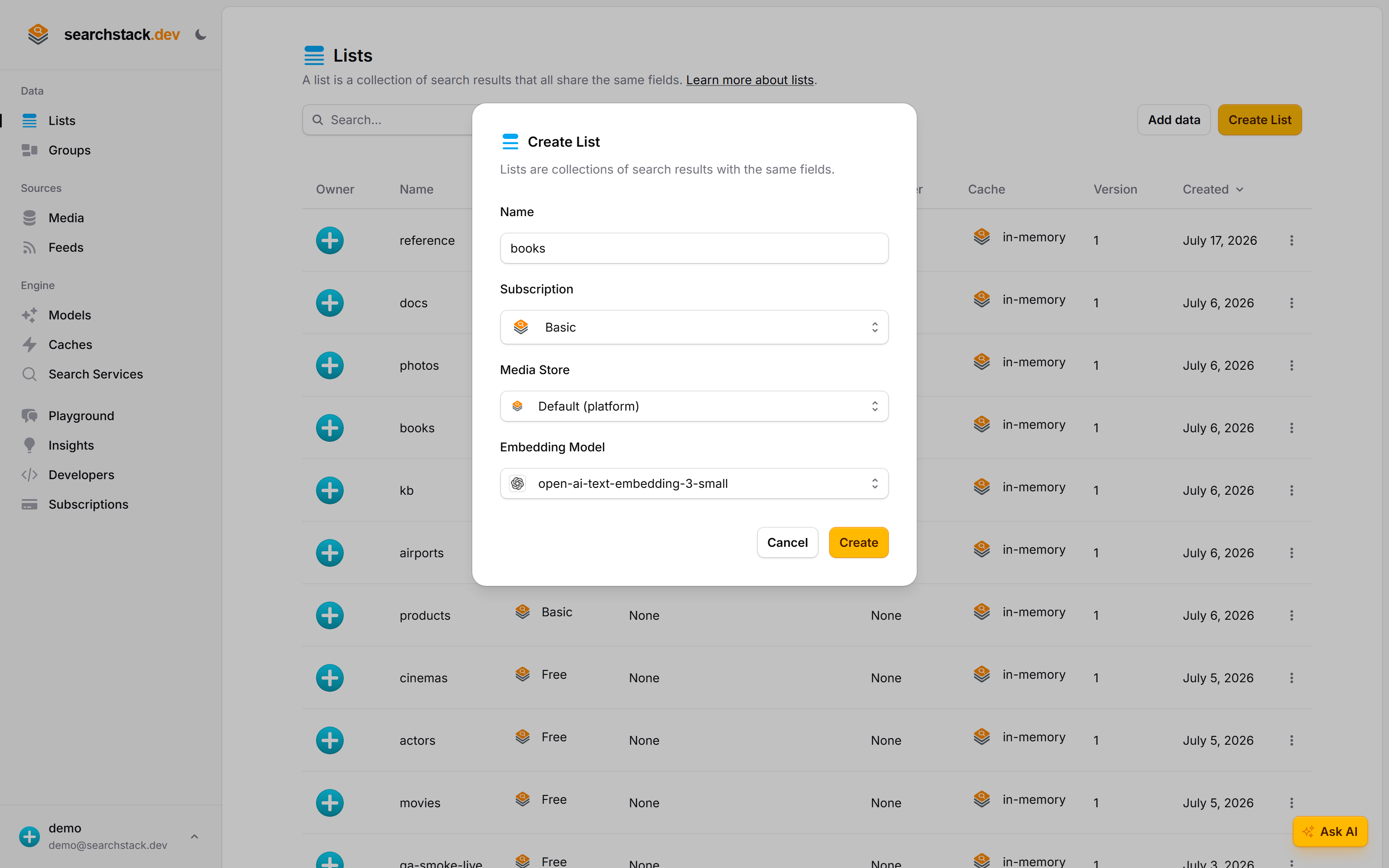 The Create List dialog with the name 'books' entered and an embedding model selected