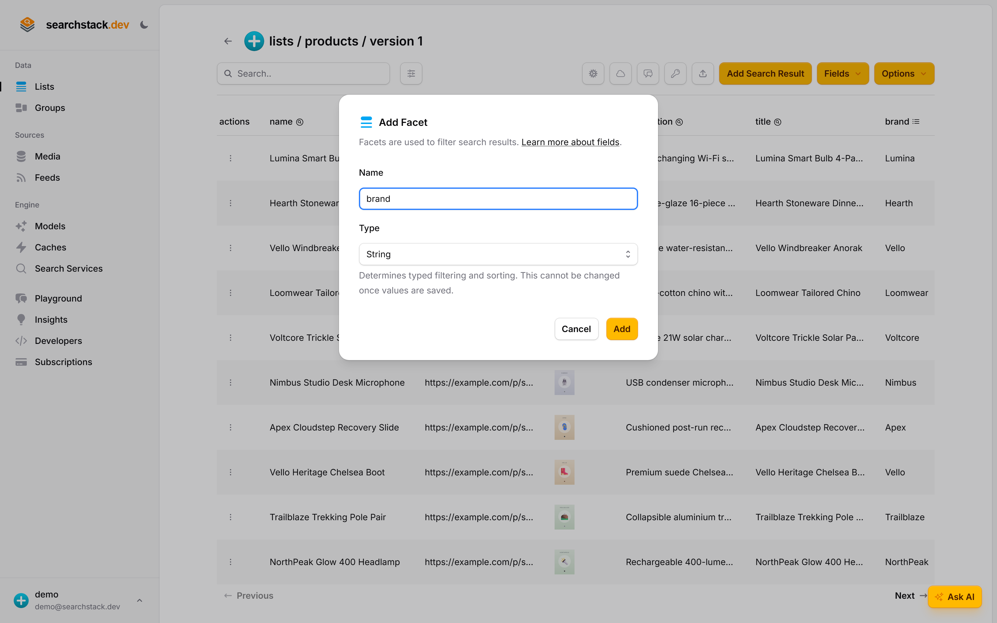 The Add Facet dialog on the products list: the name 'brand' entered and a type of String, Number, Date or Boolean to choose