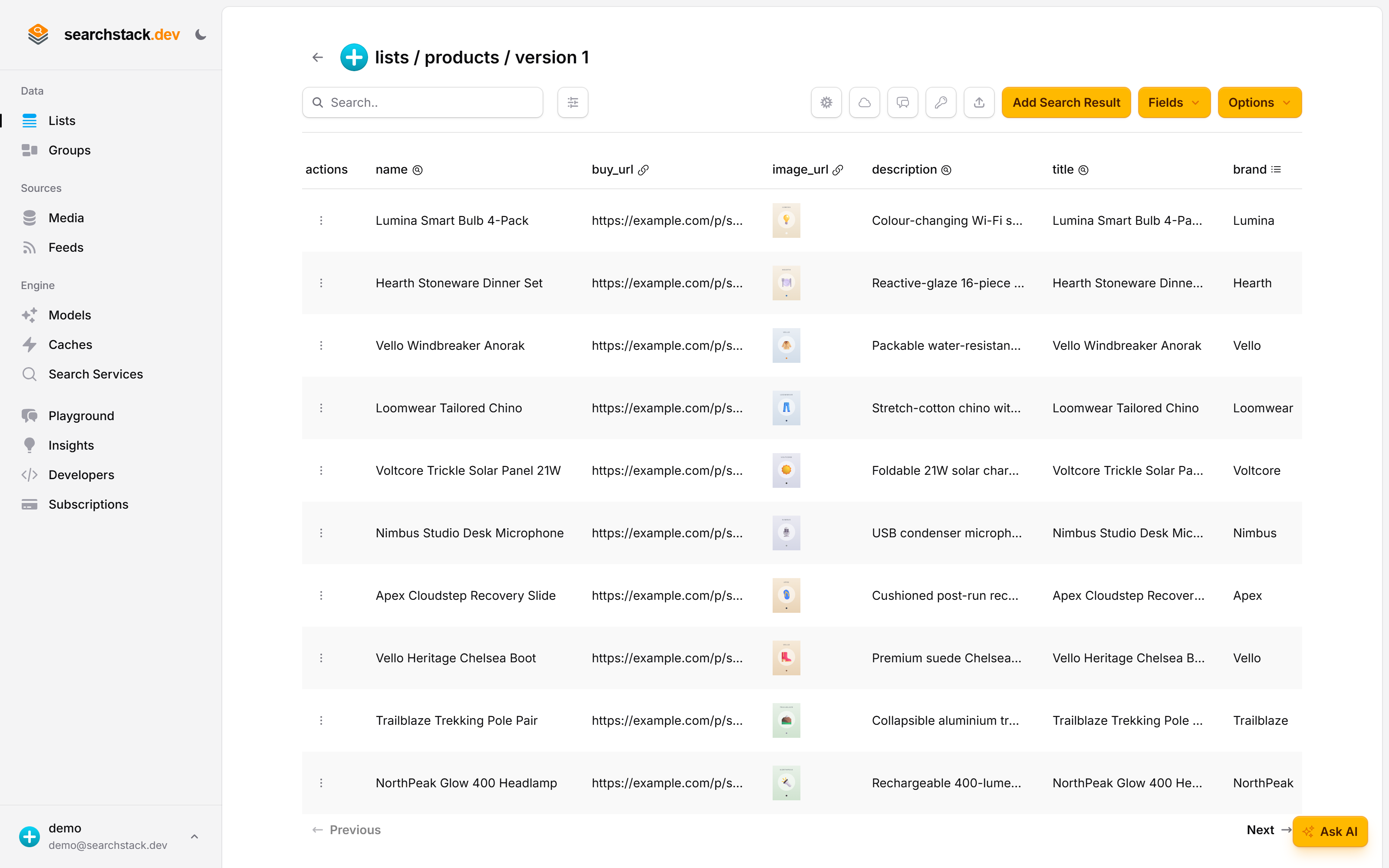 The products list in the console: one record per product with title, description, brand, category, colour, price, rating, in-stock, image and buy-link fields