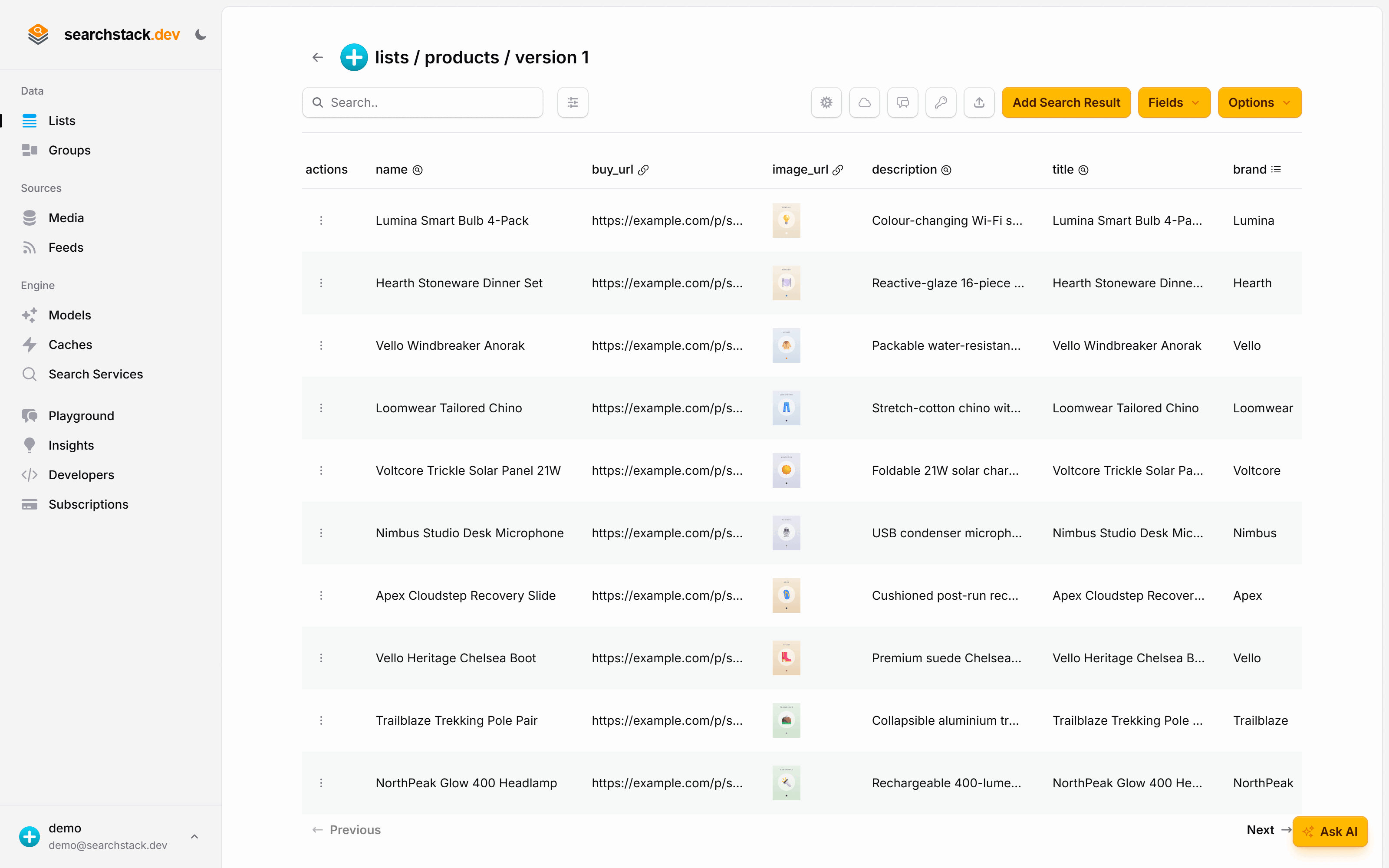 The products list in the console: one record per product with title, description, brand, category, colour, price, rating, in-stock, image and buy-link fields