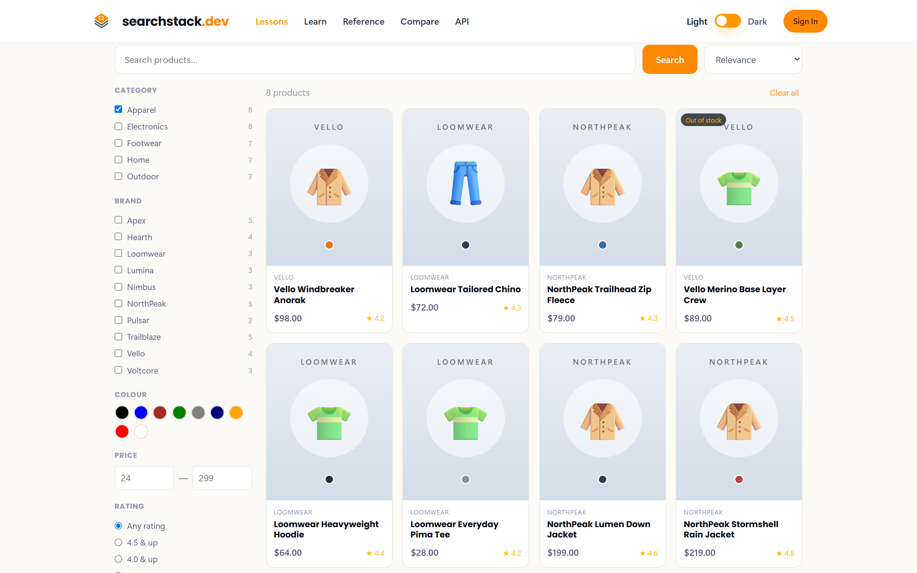 The storefront demo with Apparel ticked: 8 products in the grid, and every brand, category and rating option showing its live count