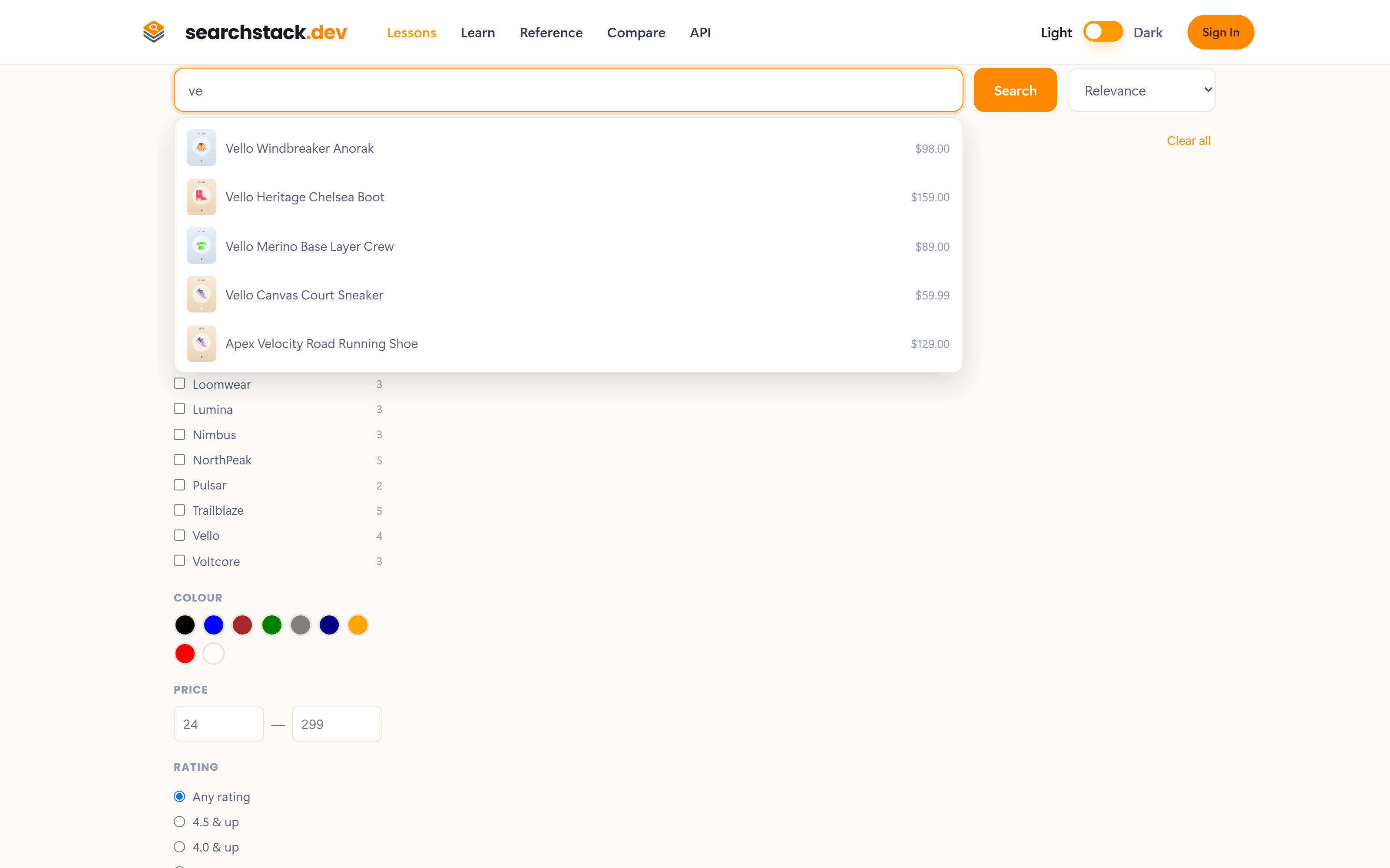 Typing 've' shows a suggestions dropdown under the box — the four Vello products and the Apex Velocity, each with its image and price — while the grid waits for a search