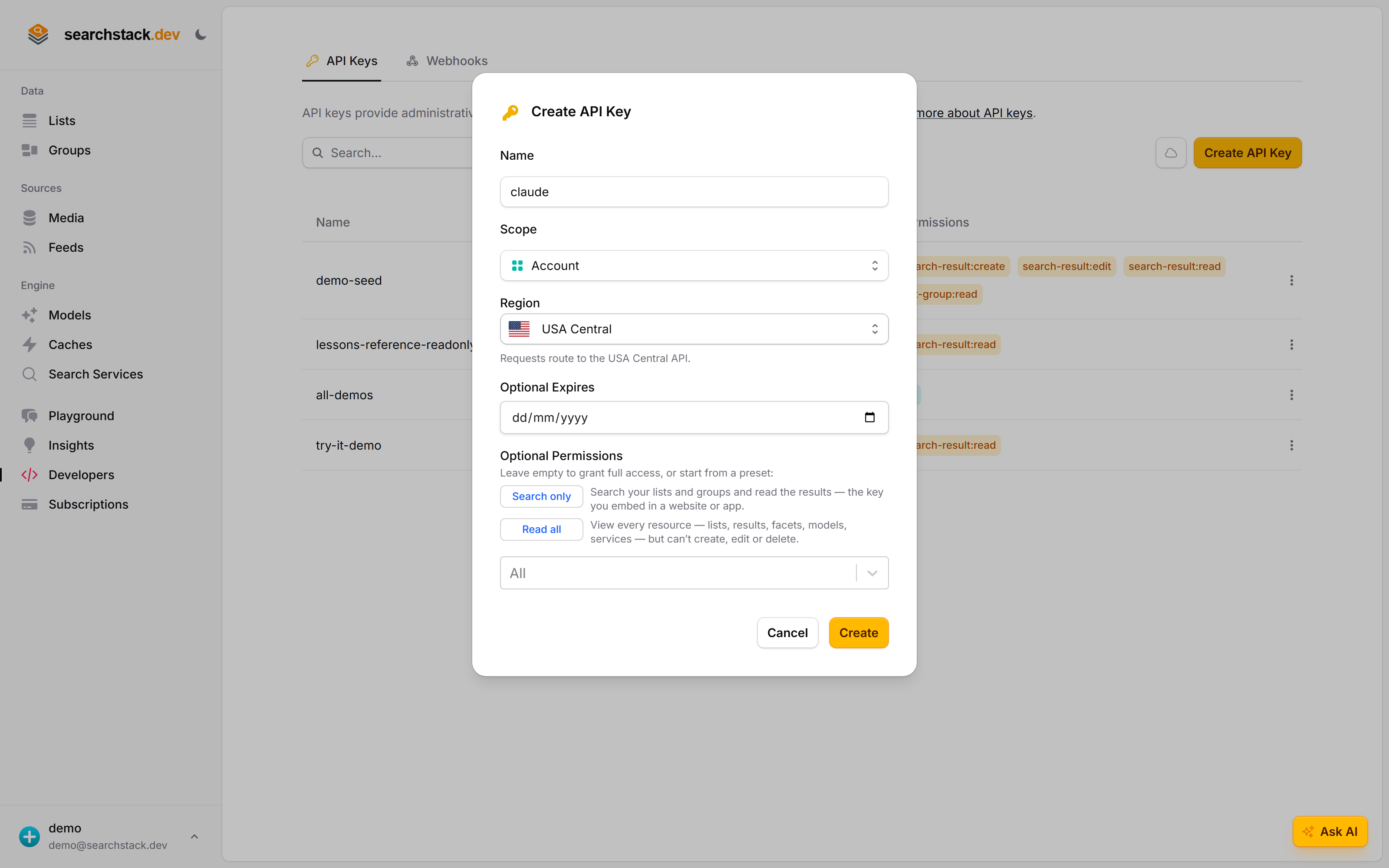 The Create API Key dialog on the Developers tab: a key named 'claude' with scope, region, and the permission presets — Search and read, Read all, or All