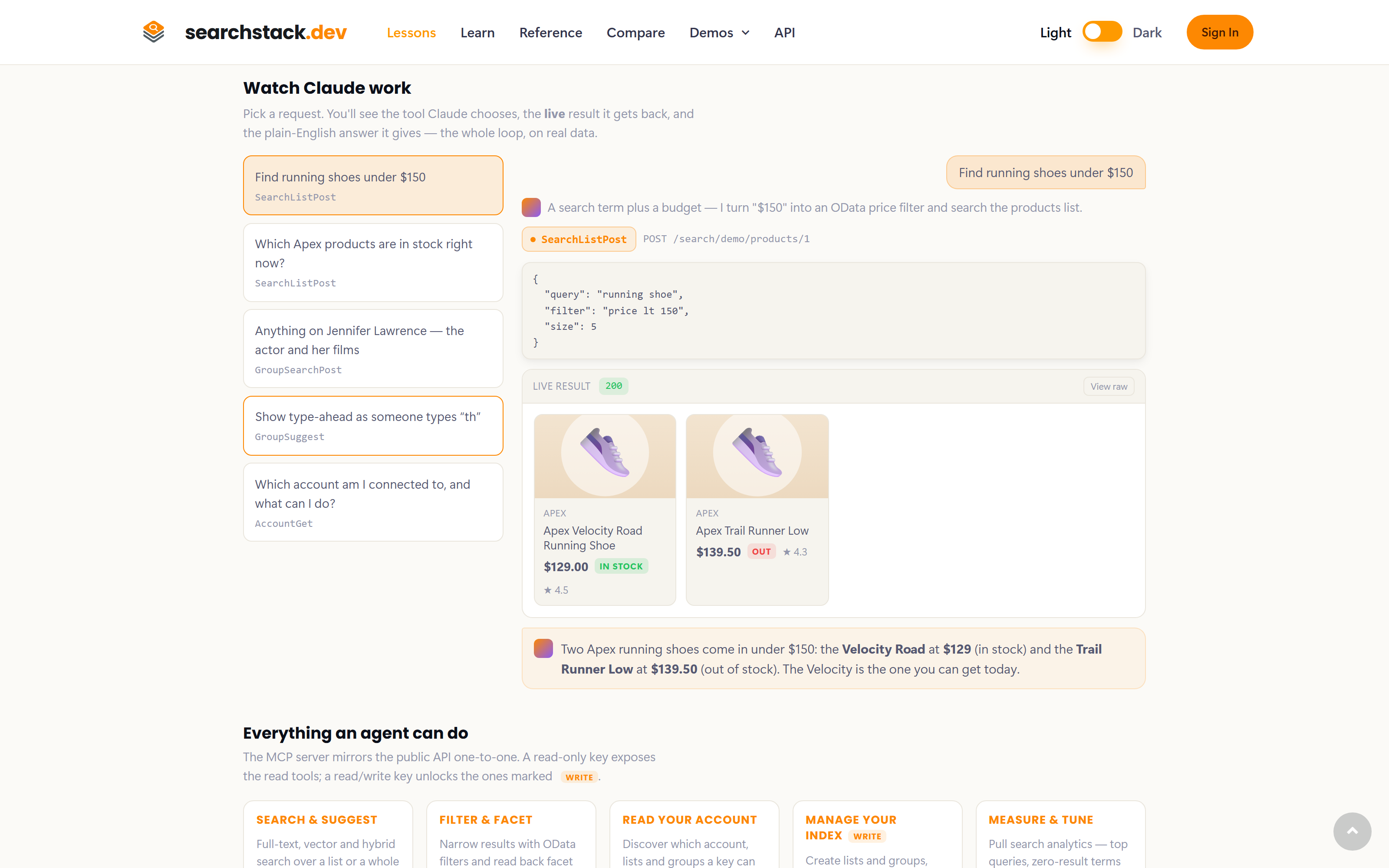 'Find running shoes under $150': Claude picks the search tool, turns $150 into the filter 'price lt 150', gets the two matching shoes back live, and answers in plain English