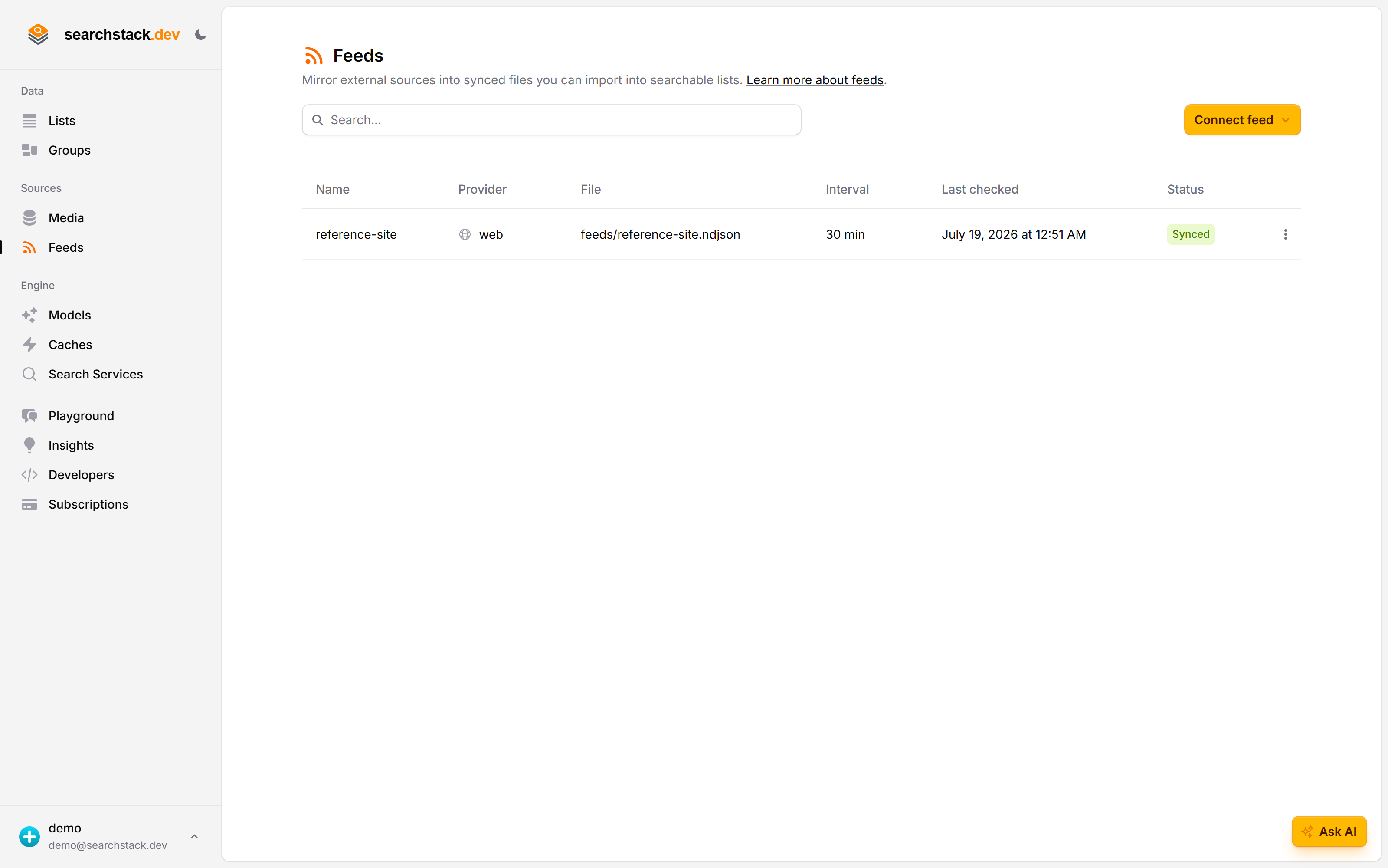 The Feeds page showing the reference-site web feed: synced, checked recently, refreshing every 30 minutes