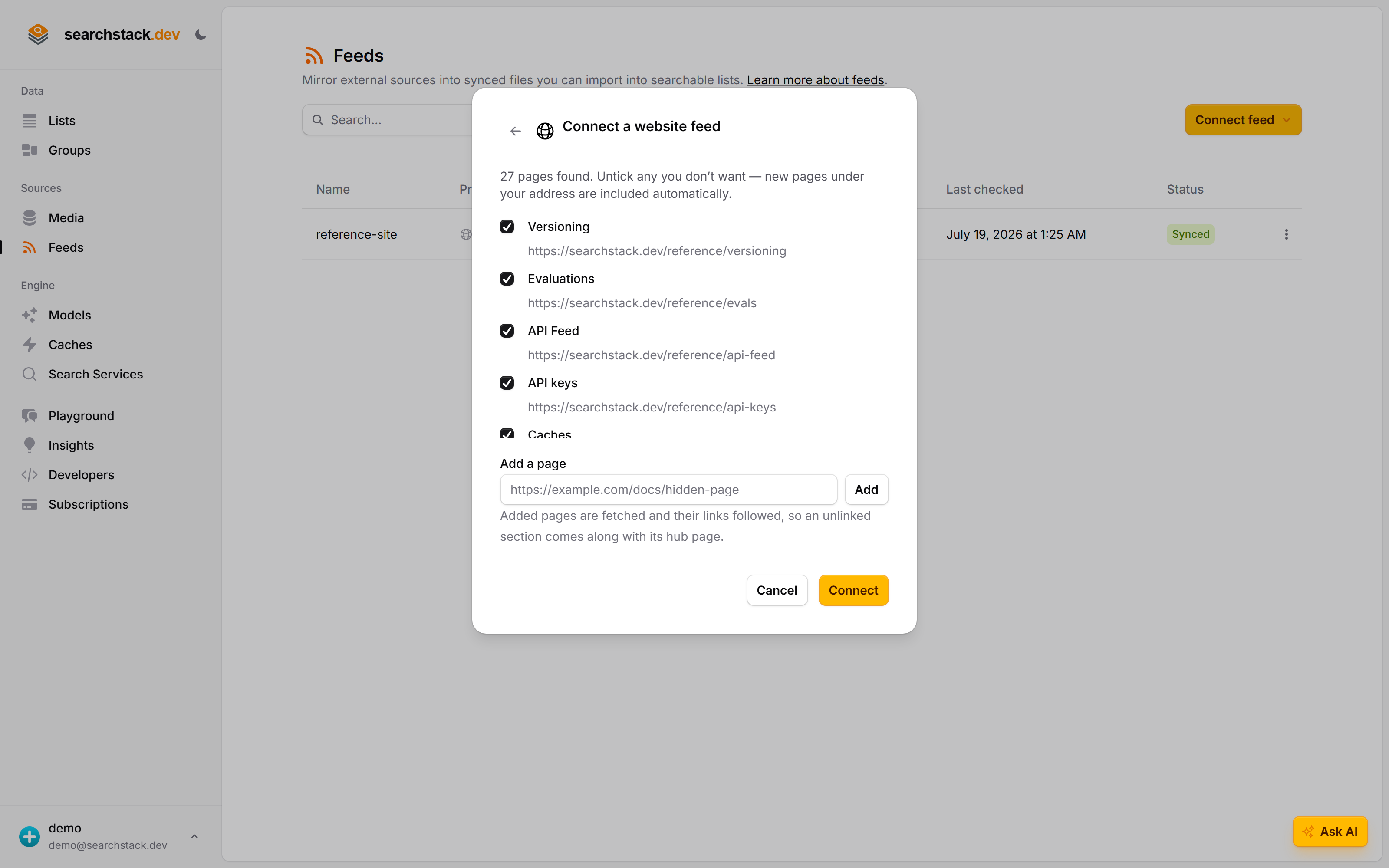 The review step: 27 pages found under searchstack.dev/reference, each listed with its title and address, all ticked