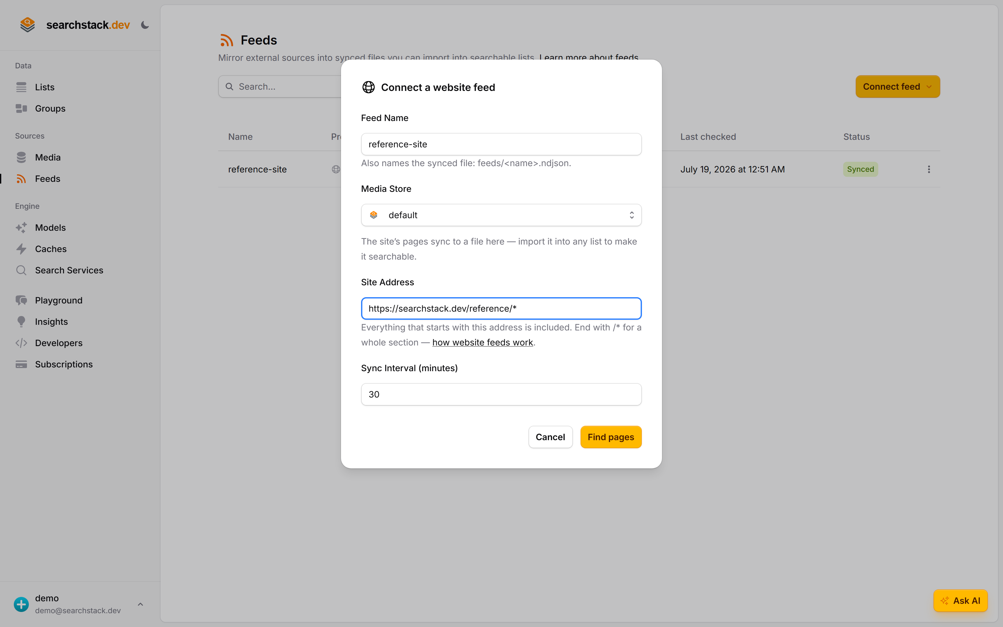 The Connect a website feed dialog with the name 'reference-site' and the site address https://searchstack.dev/reference/* entered