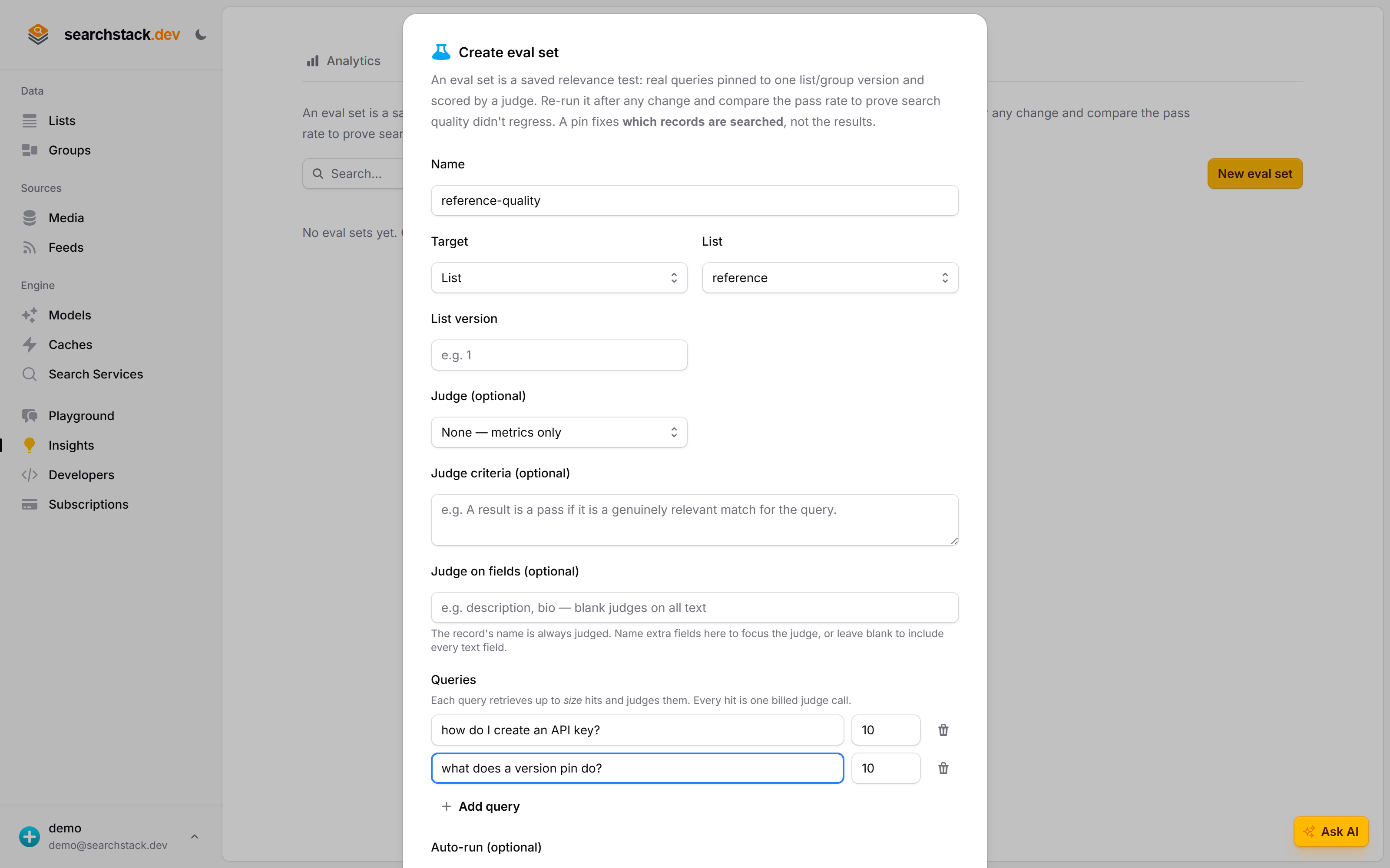 The Create eval set dialog: named 'reference-quality', targeting the reference list