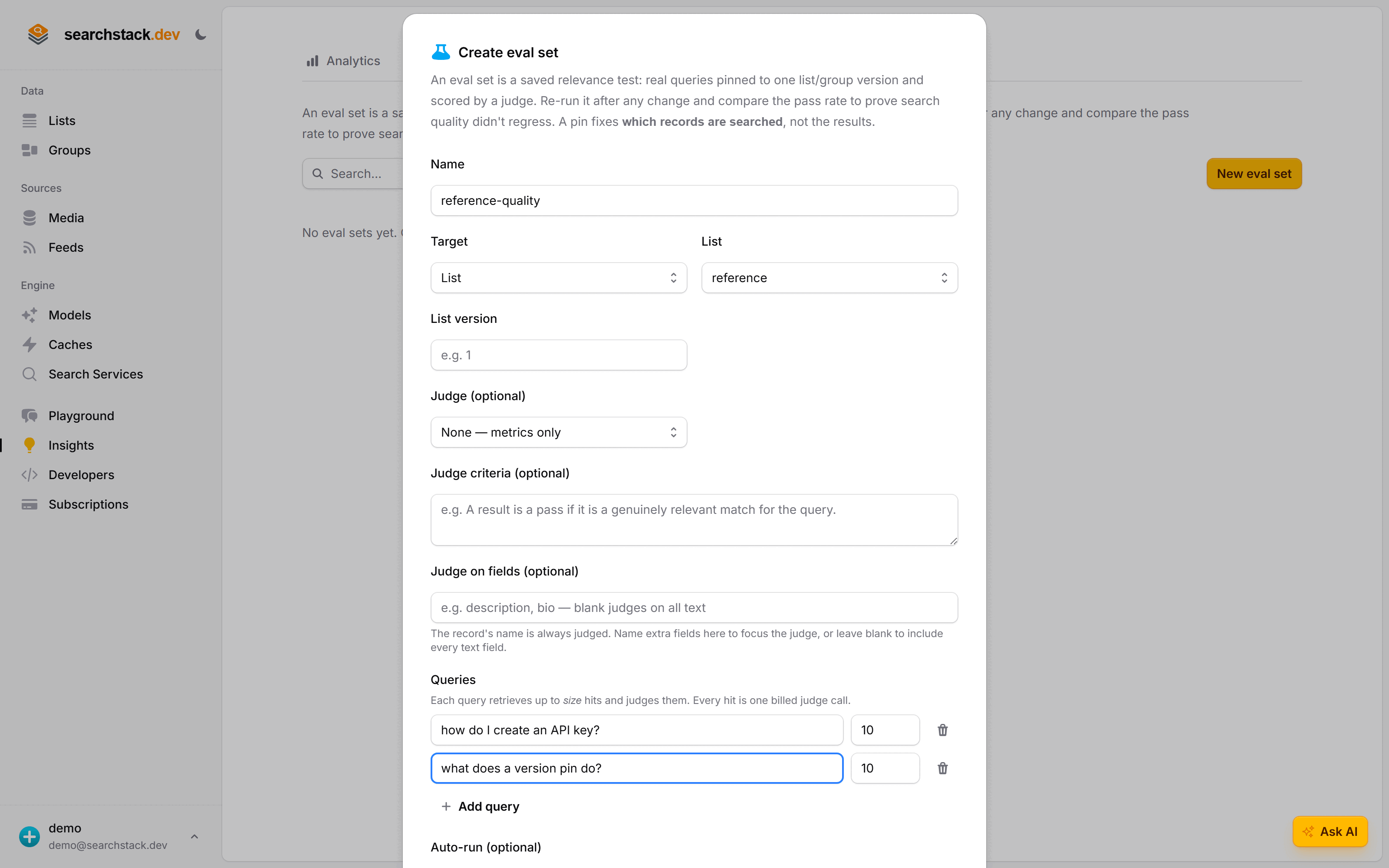 The Create eval set dialog: named 'reference-quality', targeting the reference list