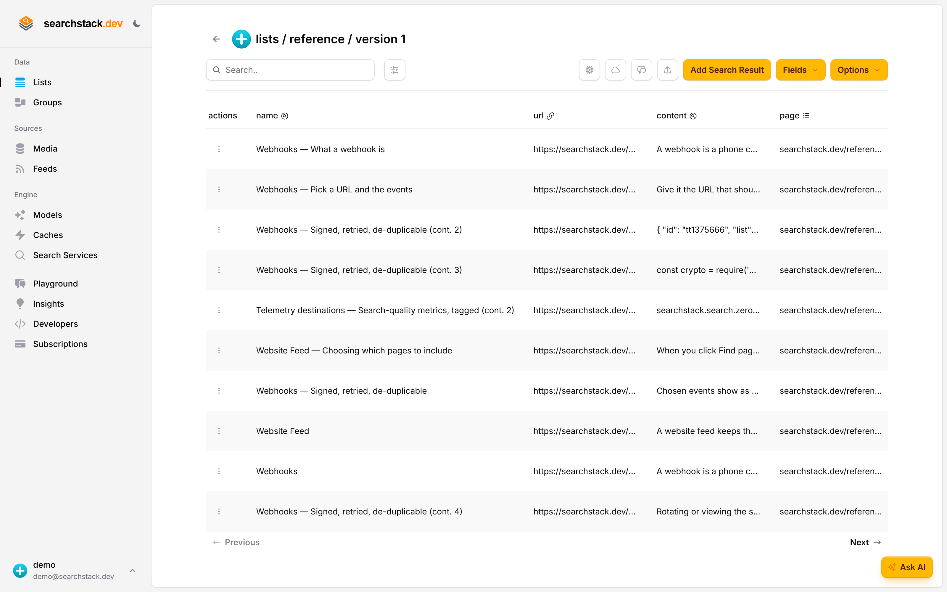 The reference list in the console, filled by the feed: one record per page section, with content, url, and page fields