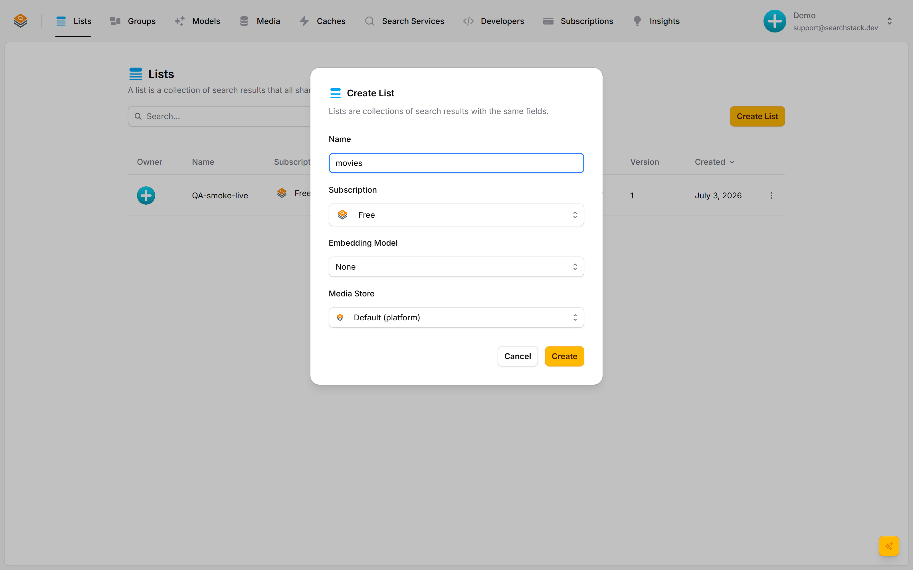 The Create List dialog with name, subscription and embedding-model fields