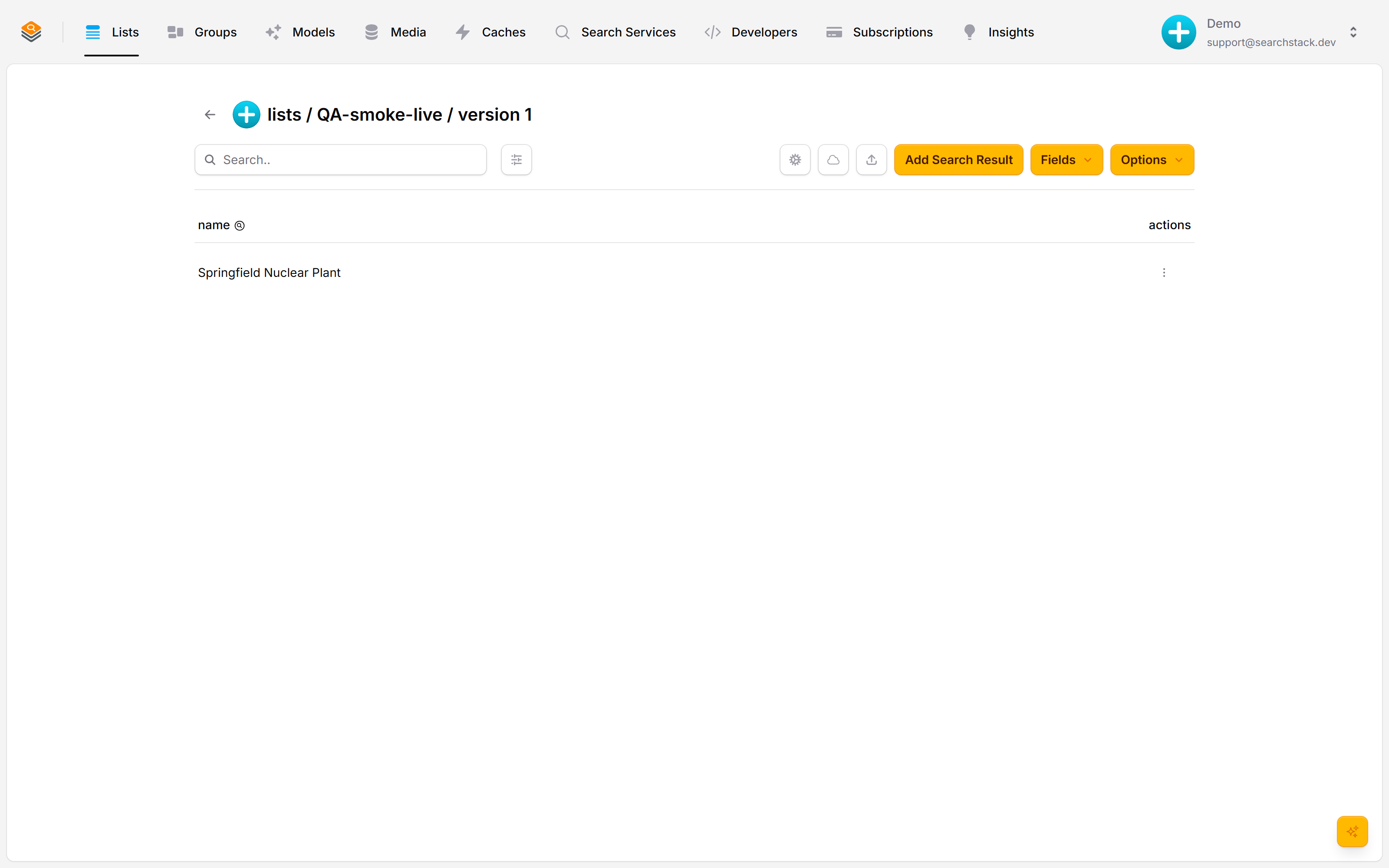 A list's detail page with its records, search box and Fields menu