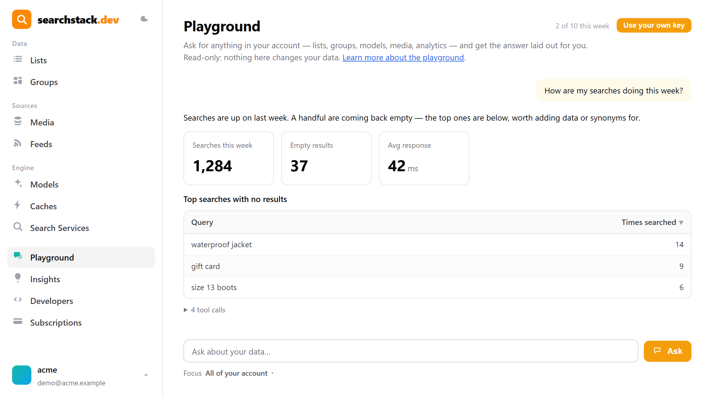 A Playground answer as metric cards