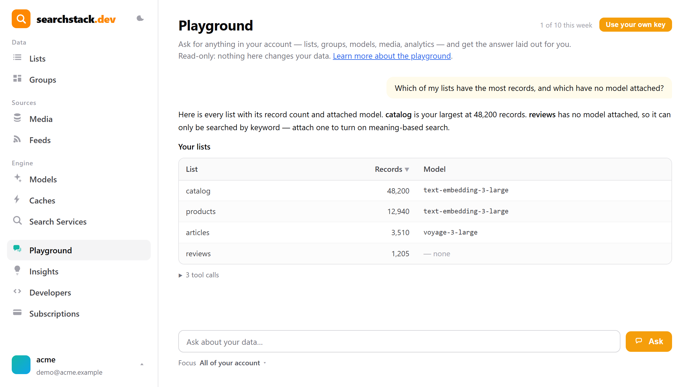 A Playground answer rendered as a sortable table