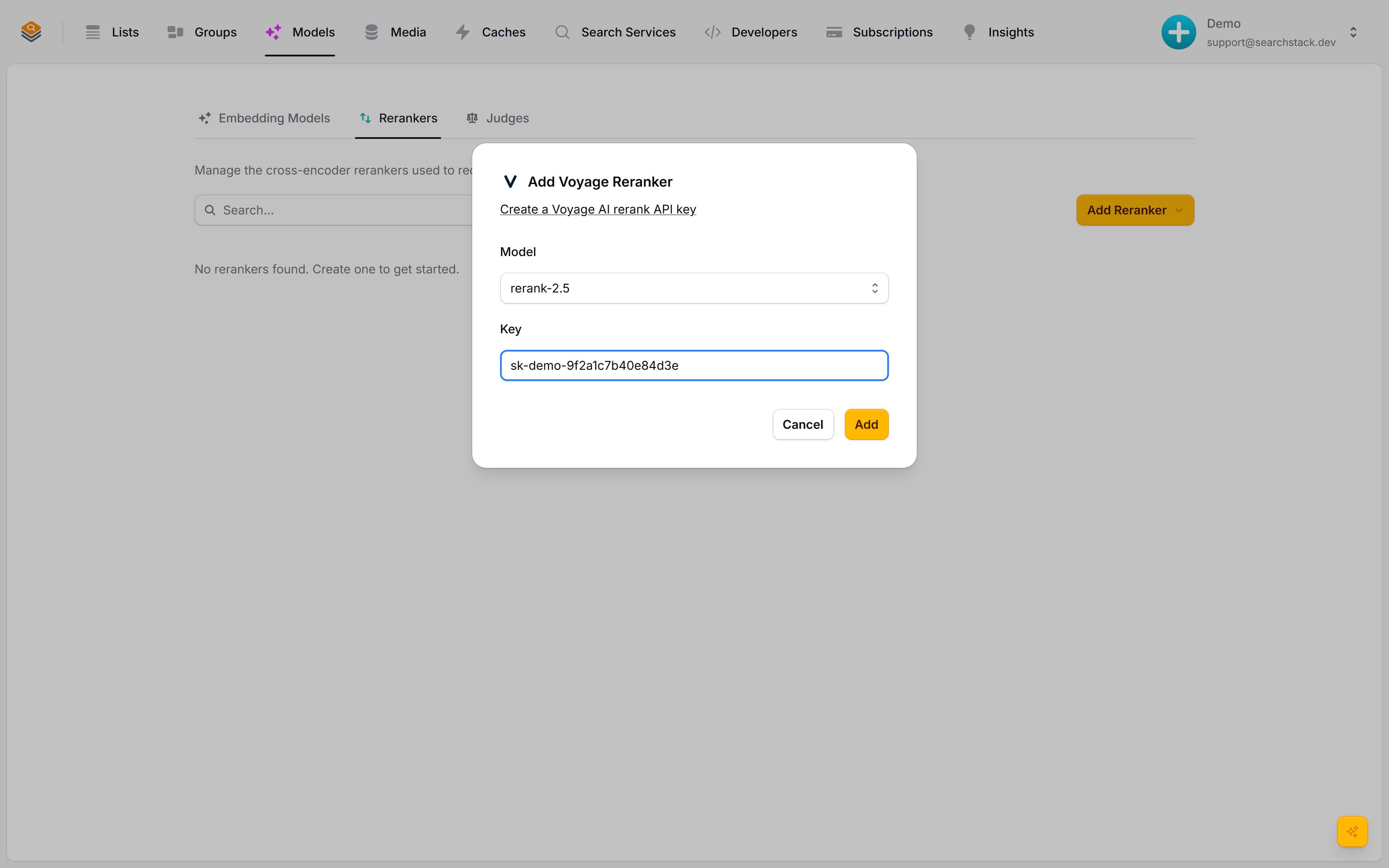 The create-reranker dialog