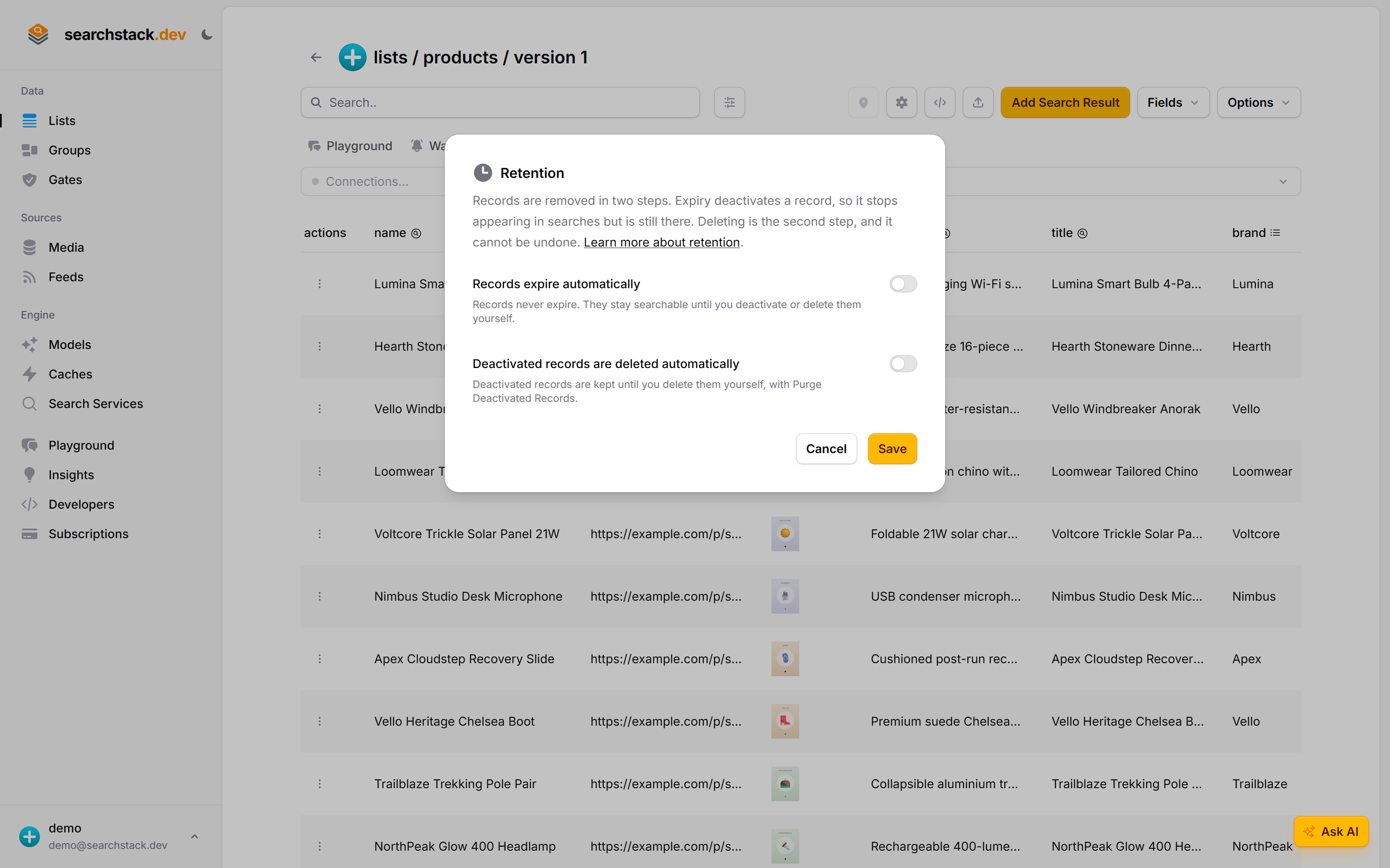 The Retention dialog on a list, with both settings off