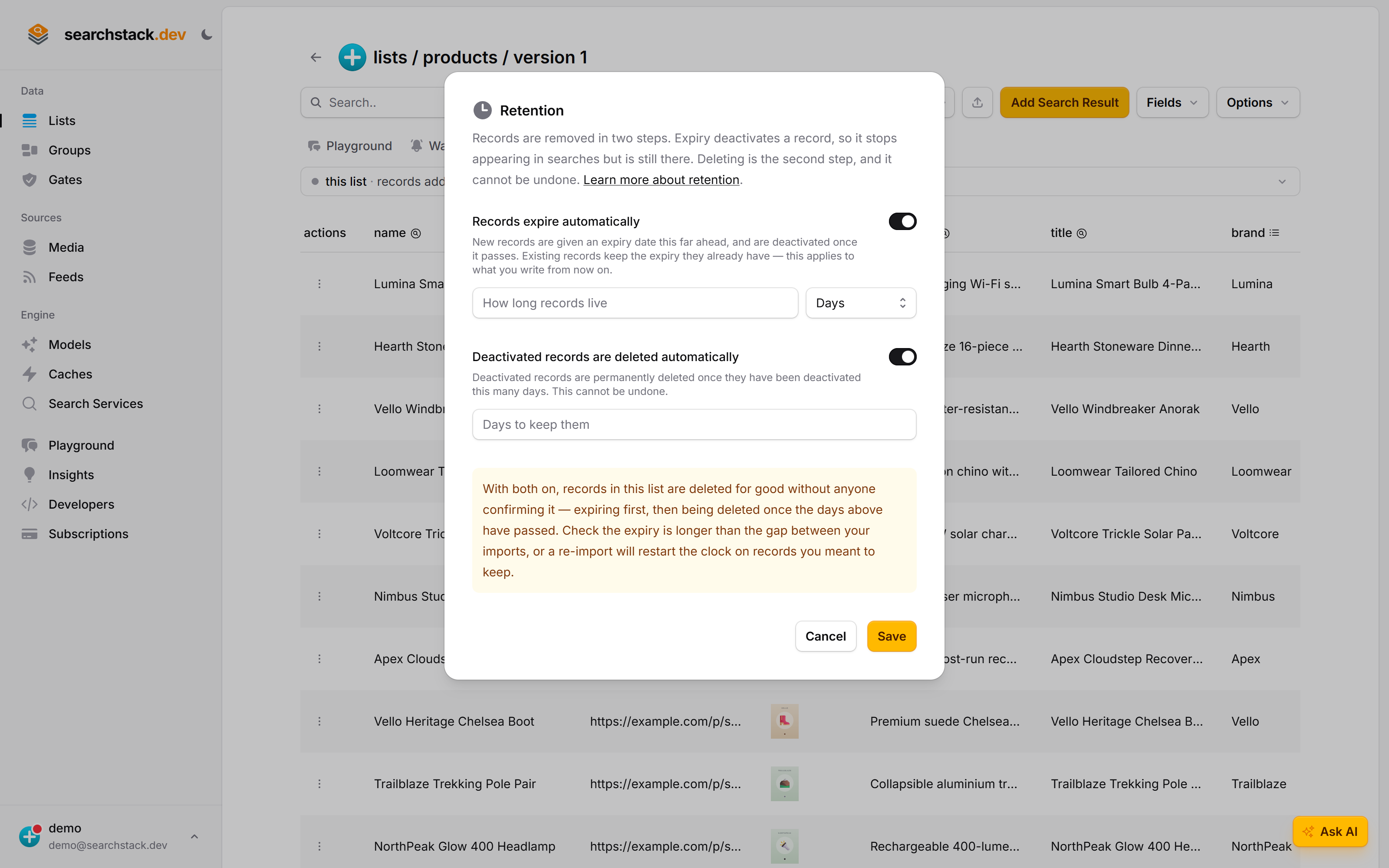 The Retention dialog with automatic expiry and automatic deletion switched on