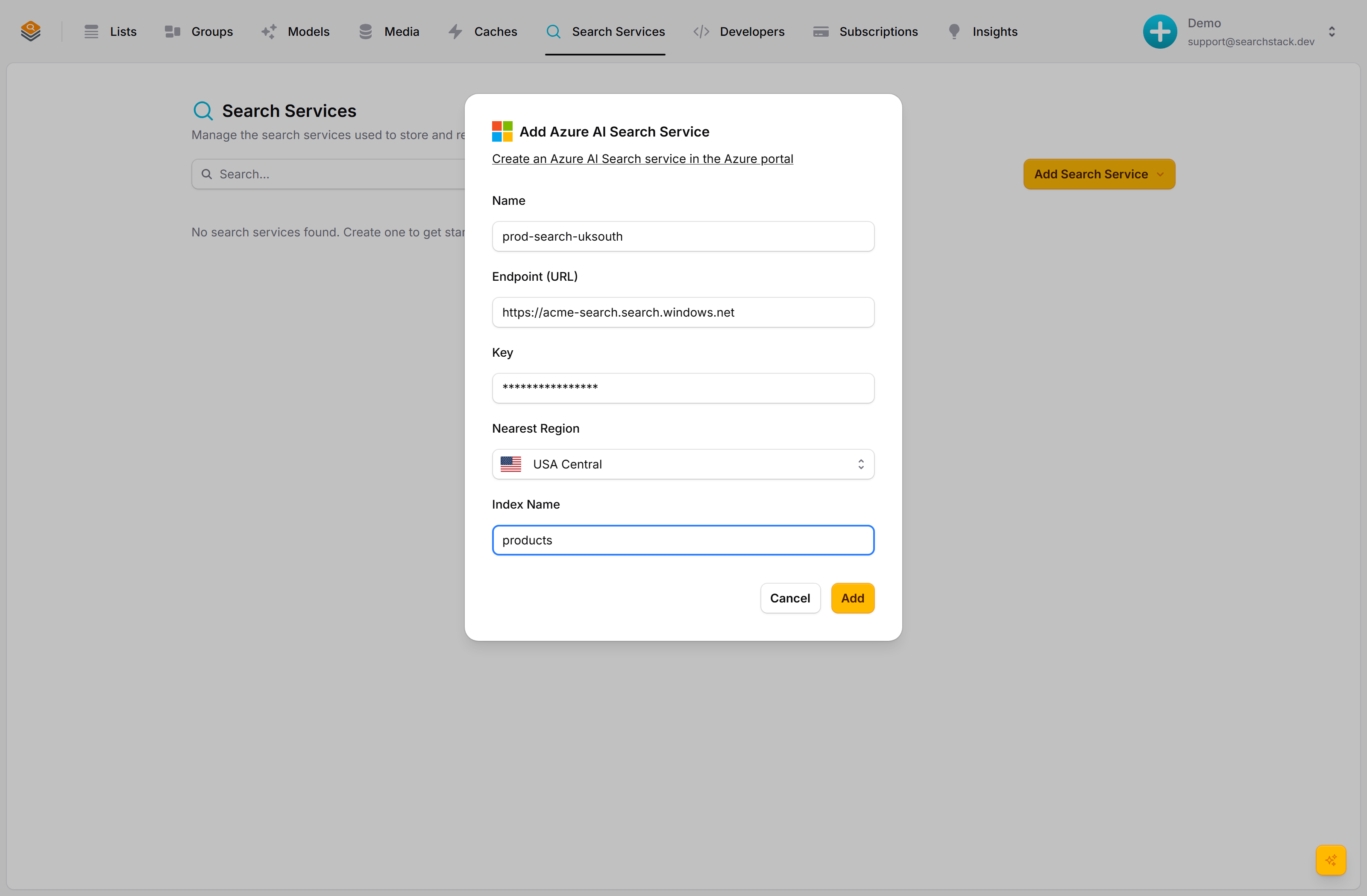 The Add Azure AI Search Service dialog with endpoint, key and a nearest-region selector