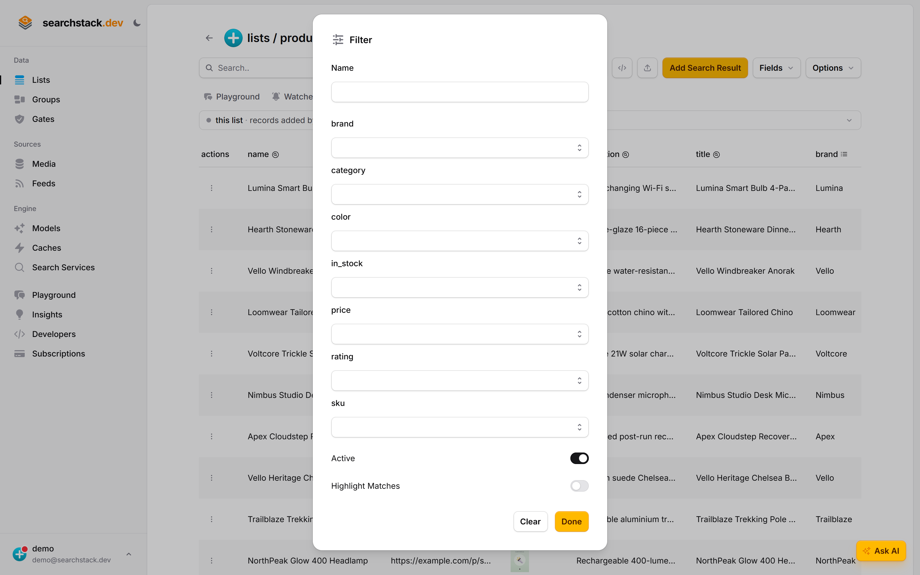 The filter panel built from the list's facet fields