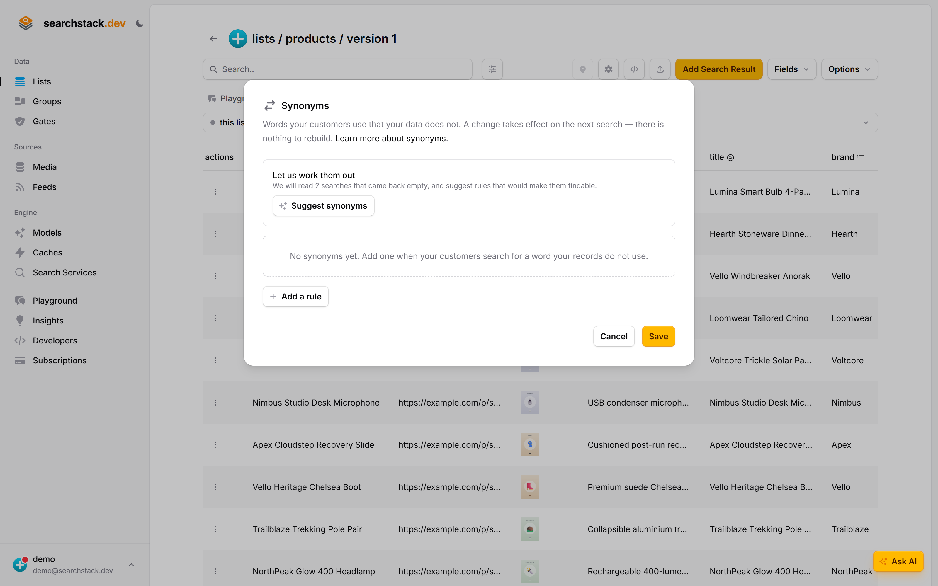 The empty Synonyms dialog with the Suggest synonyms panel