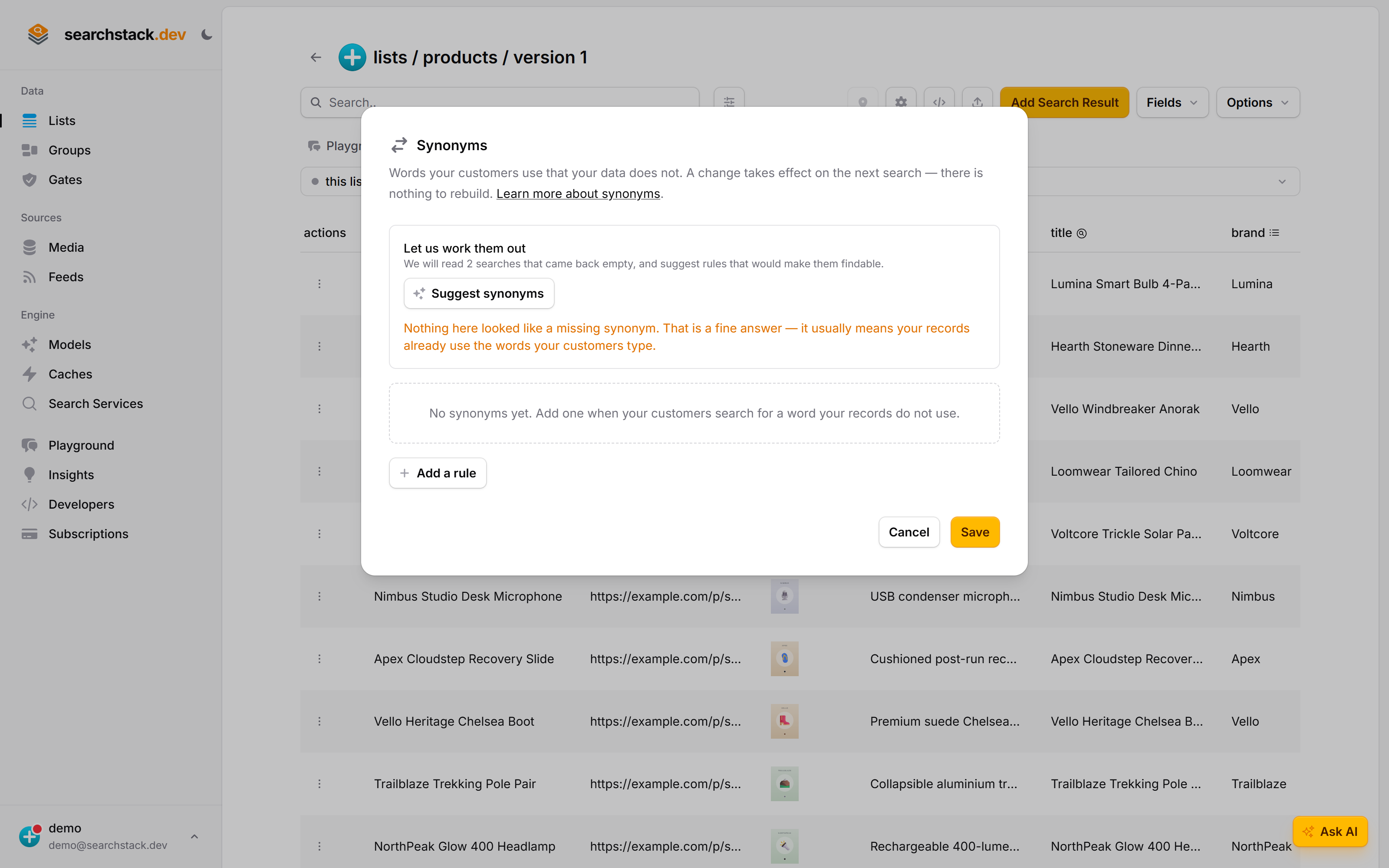 The suggestion panel reporting that nothing looked like a missing synonym