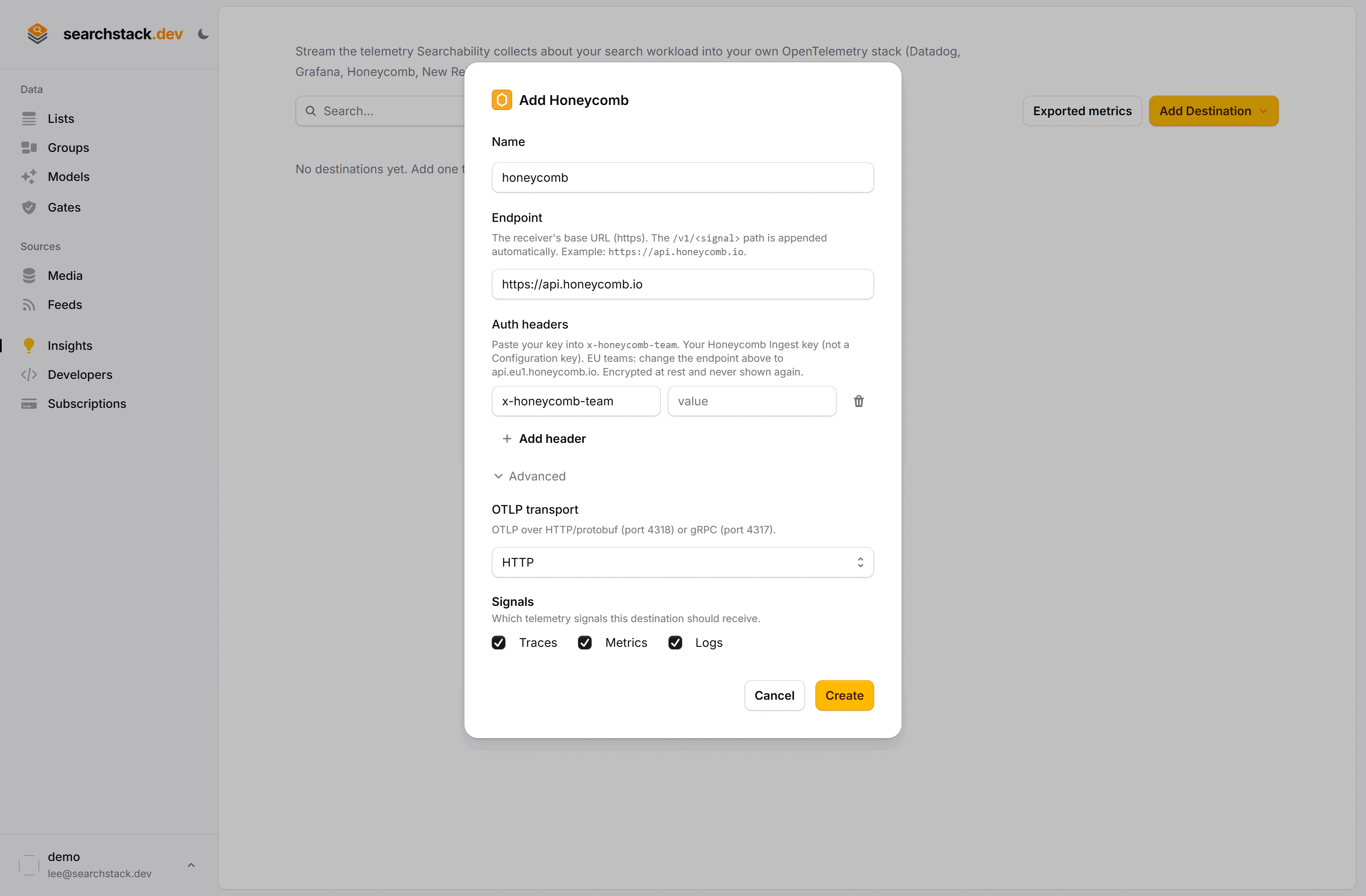 The Add Honeycomb destination dialog with Advanced open: OTLP transport and the traces, metrics and logs signal checkboxes