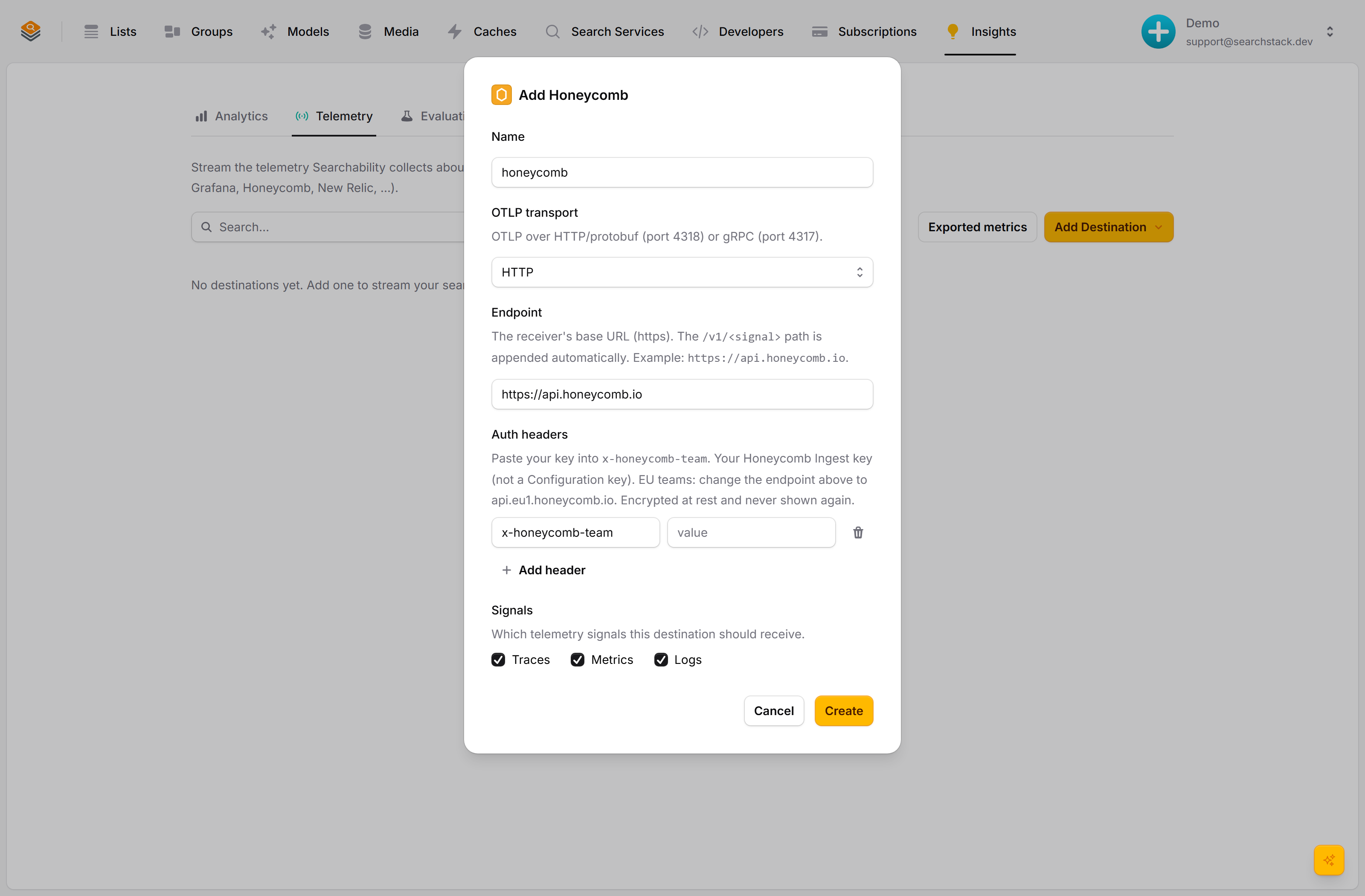 The add-destination dialog