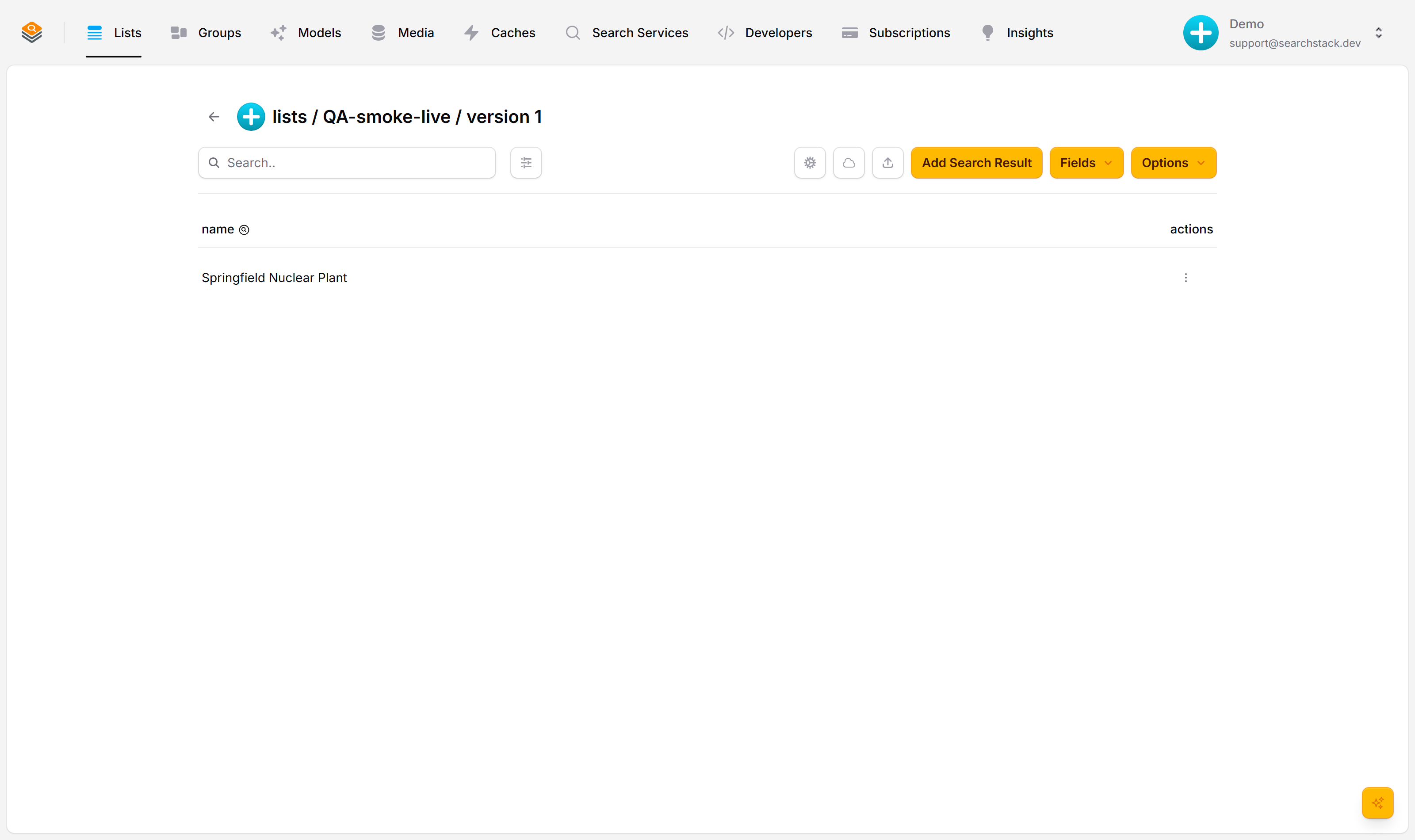 A list's detail page showing its current version in the header: lists / QA-smoke-live / version 1