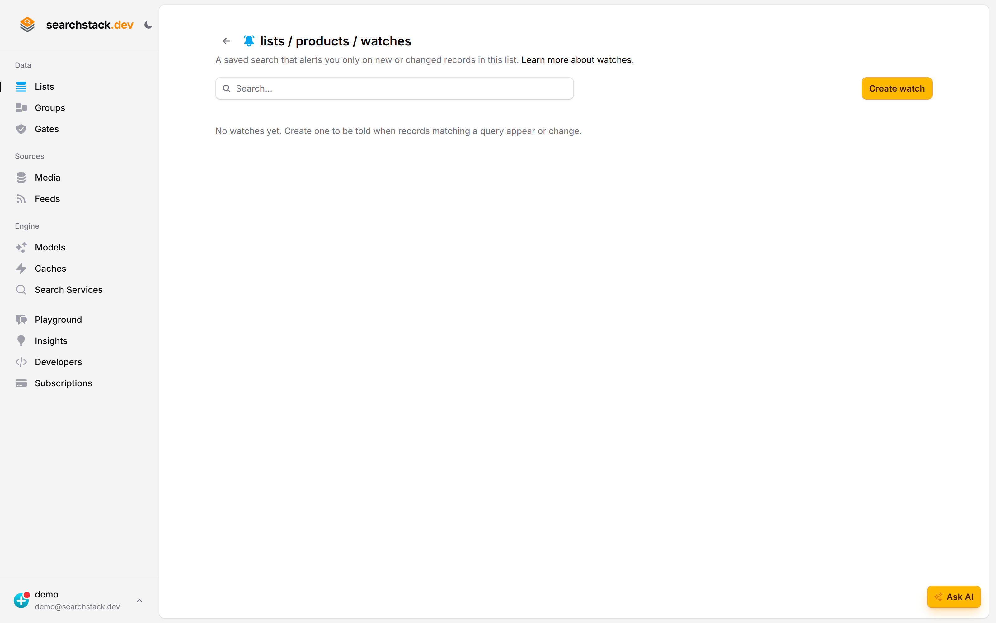 A list's Watches page before any watch exists