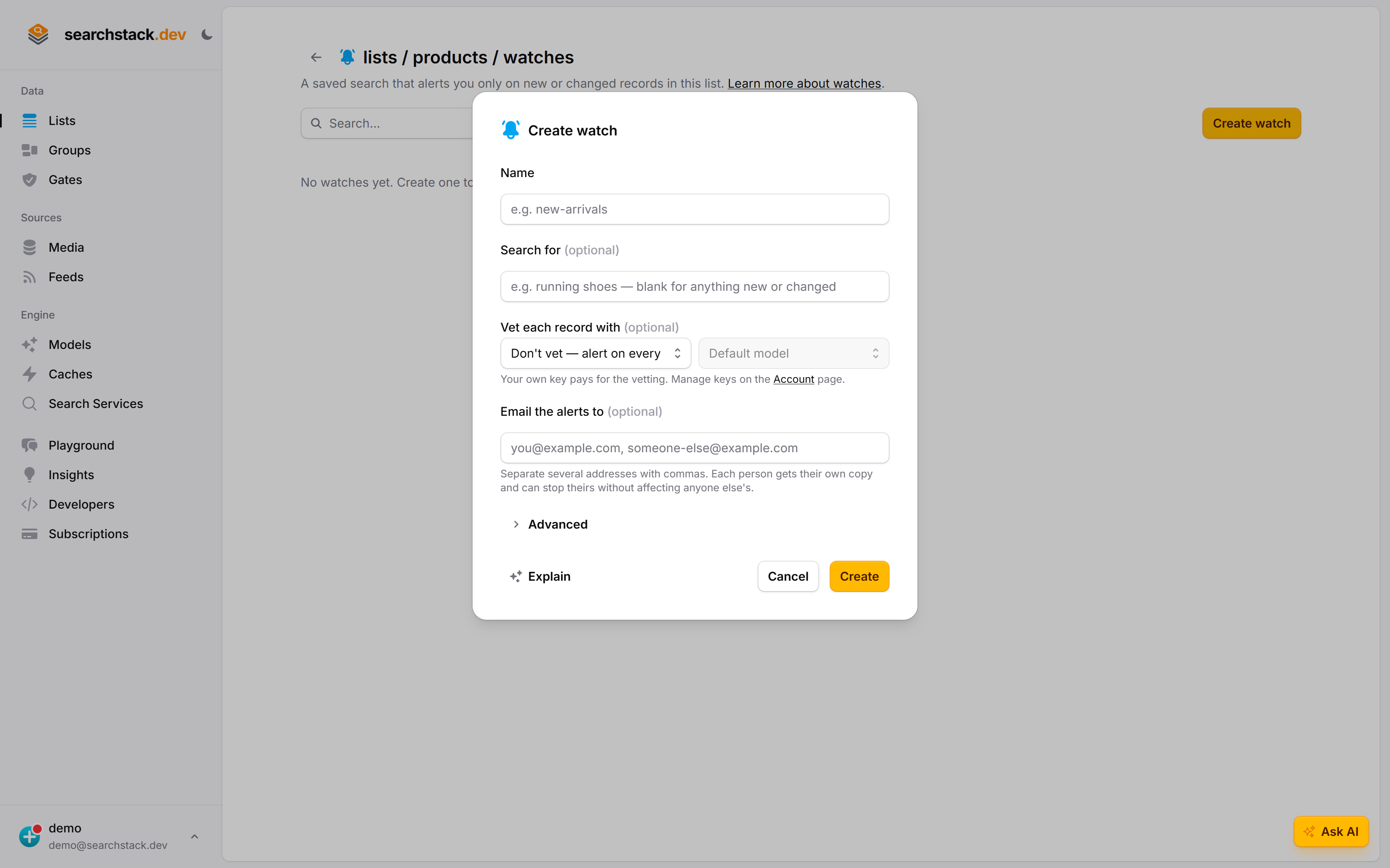 The Create watch dialog