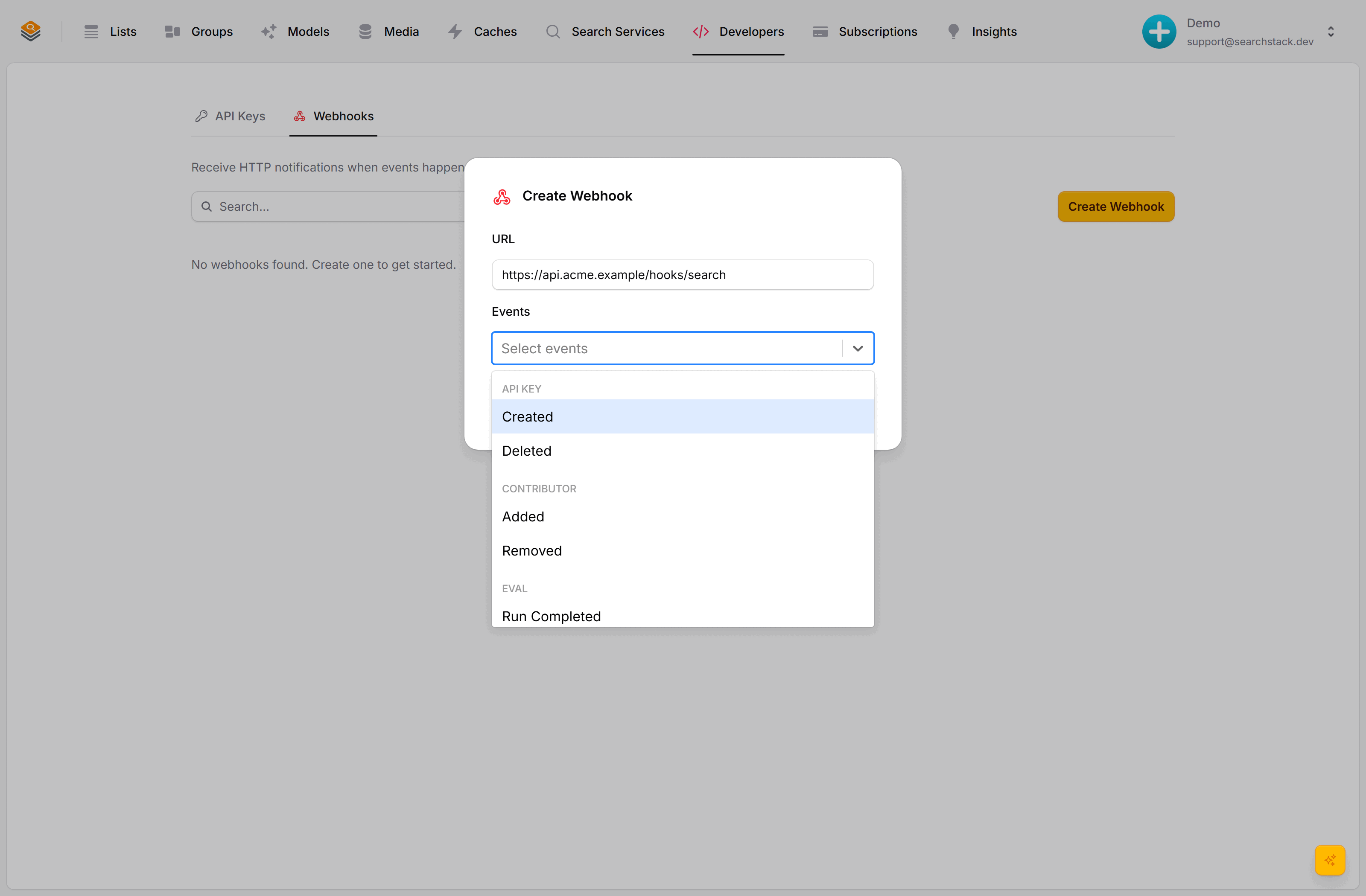 The Create Webhook dialog with a URL filled in and the grouped event catalog open