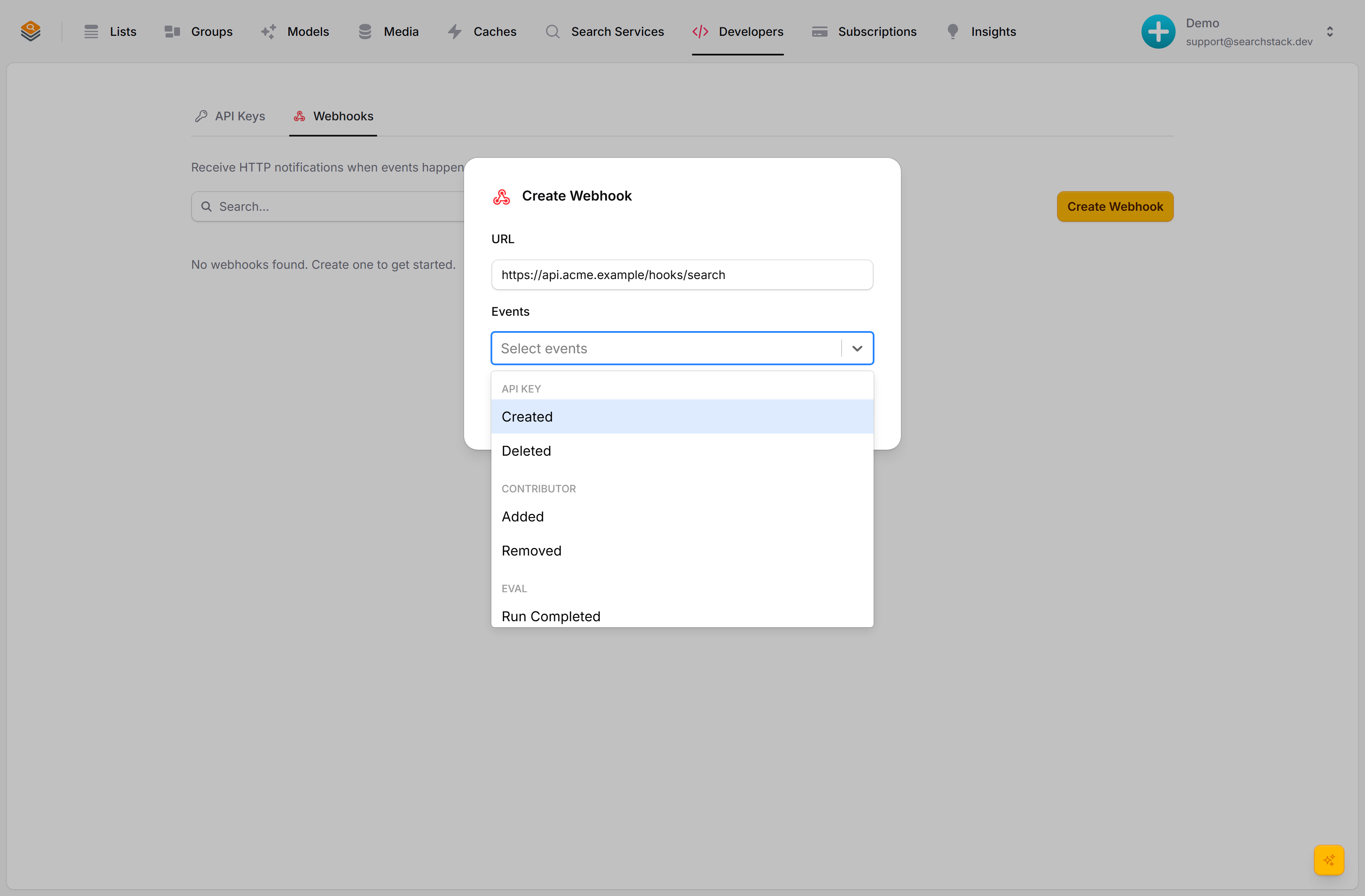 The create-webhook dialog